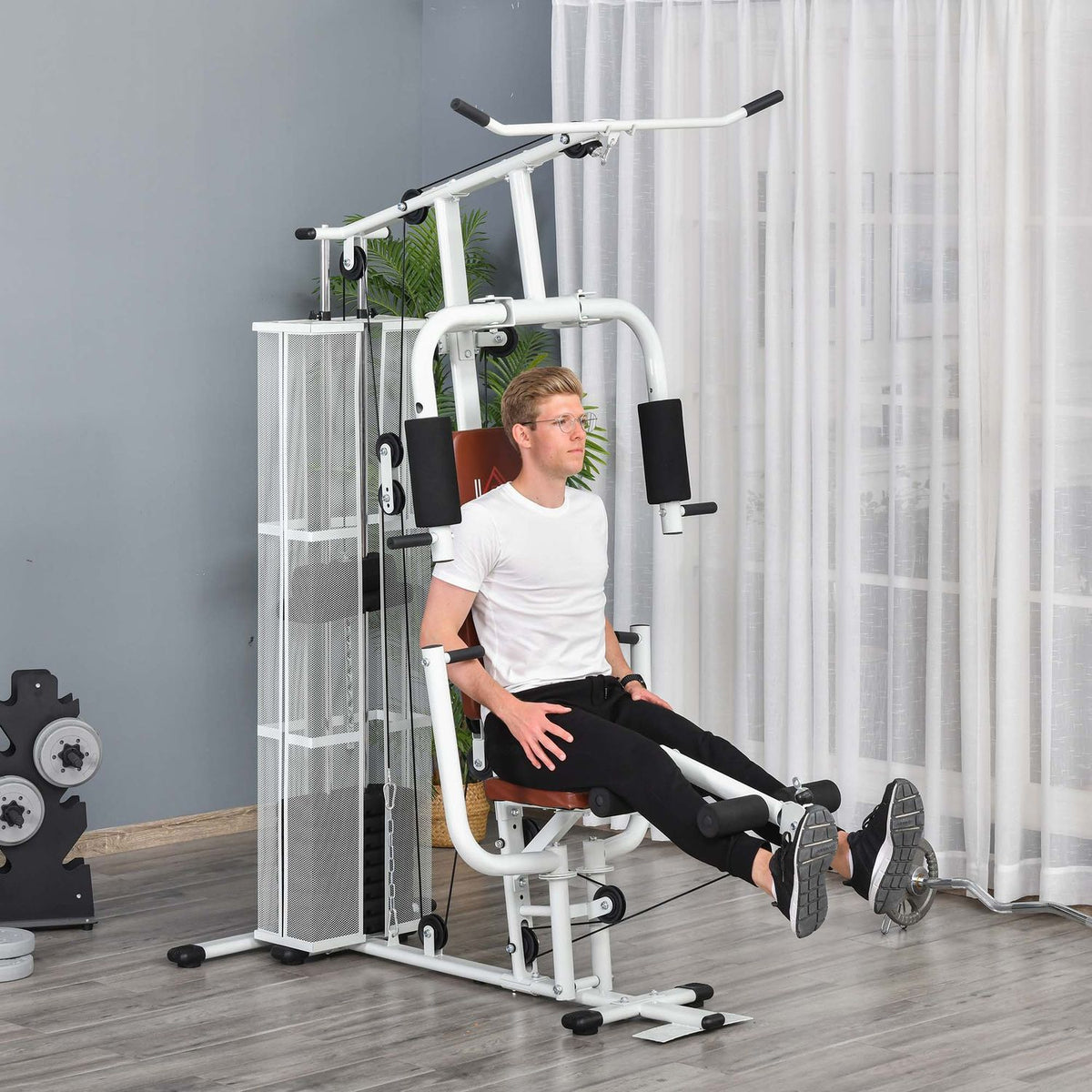 Fitness station for home, total 45kg, with press arm, leg developer, roller pads, PU synthetic leather, 150 x 110 x 210 cm, white
