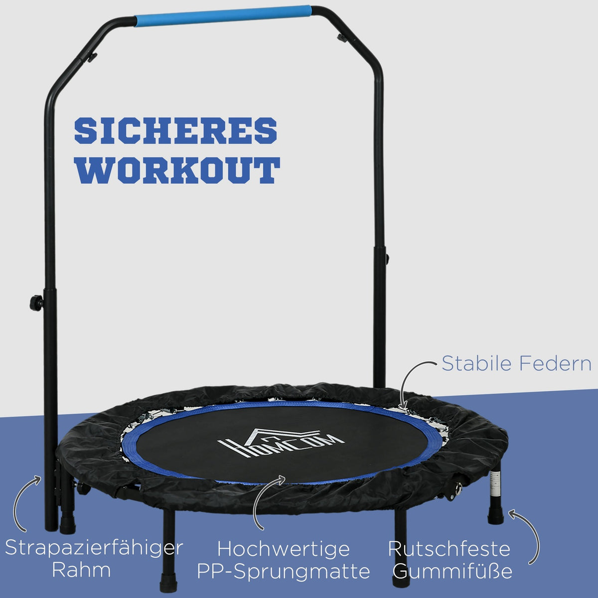 Fitness trampoline, load capacity 100 kg, Ø102x123H cm, foldable, with height-adjustable handle, LCD monitor, robust steel frame, blue