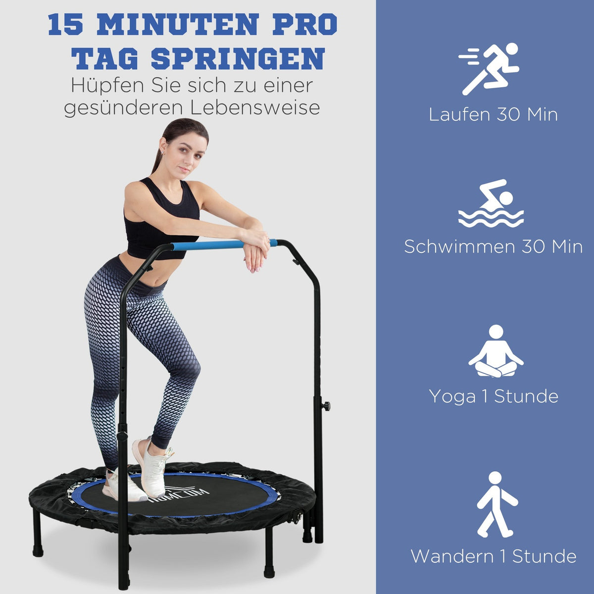 Fitness trampoline, load capacity 100 kg, Ø102x123H cm, foldable, with height-adjustable handle, LCD monitor, robust steel frame, blue