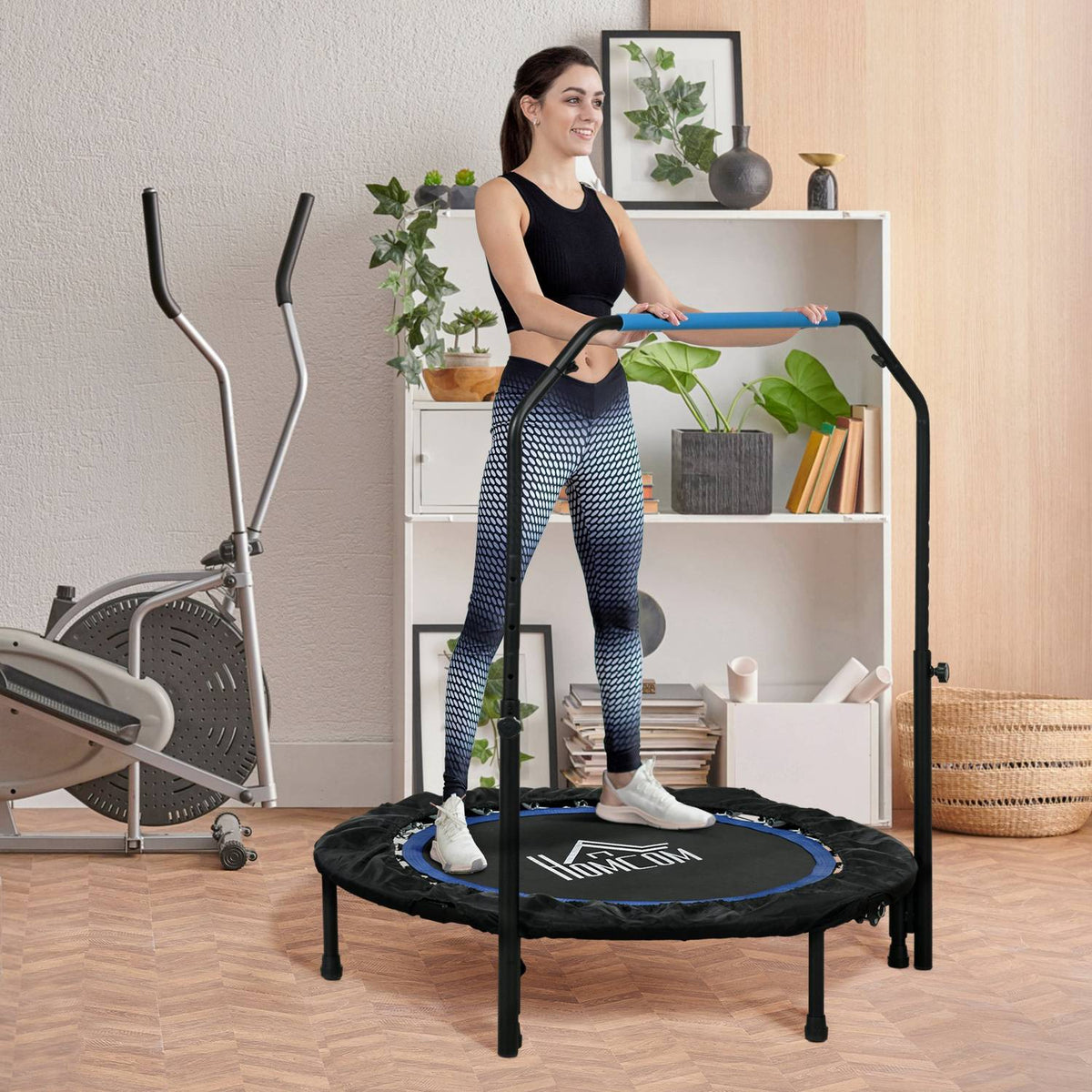 Fitness trampoline, load capacity 100 kg, Ø102x123H cm, foldable, with height-adjustable handle, LCD monitor, robust steel frame, blue