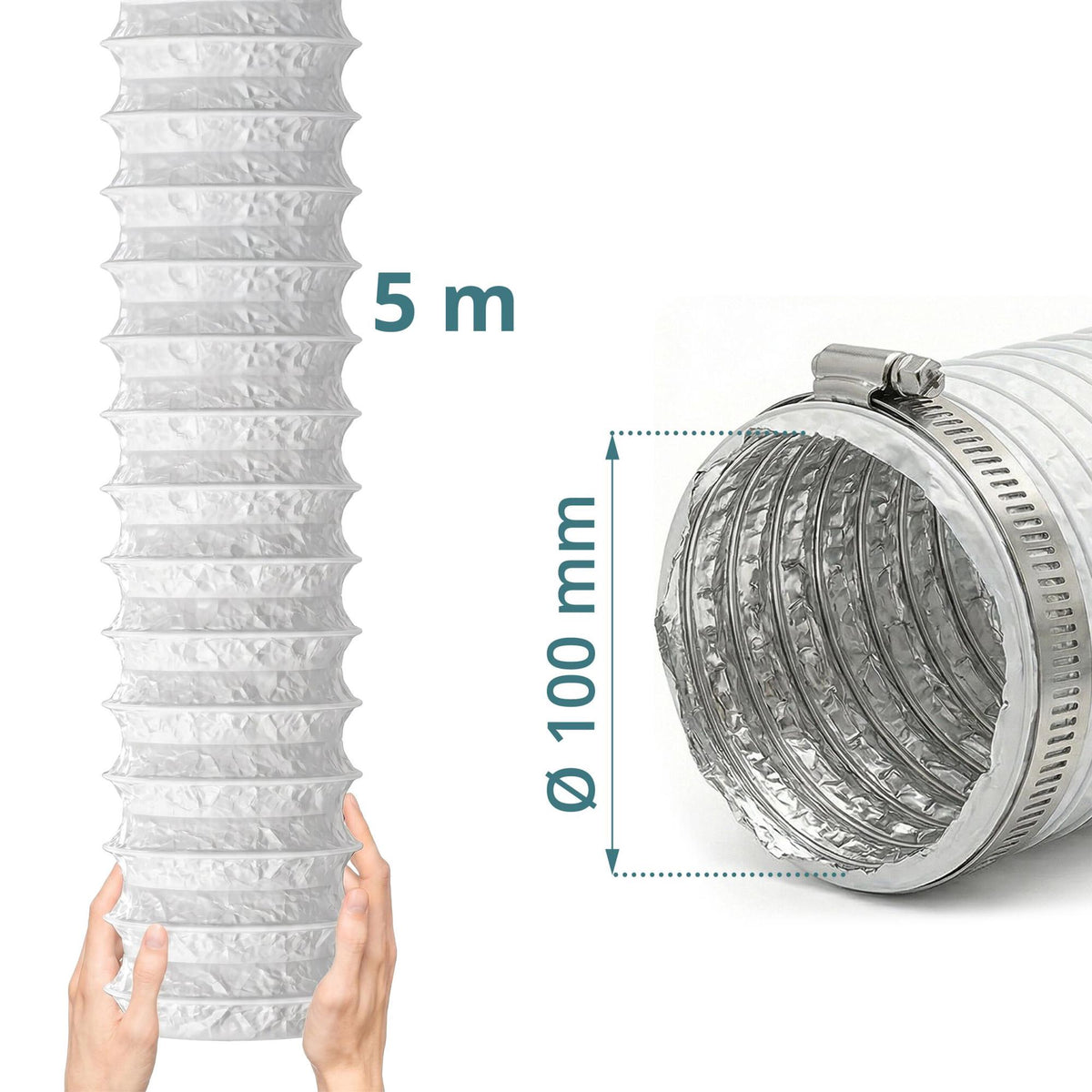Flexible White Vent Hose, 5m x 100mm, PVC & Aluminium