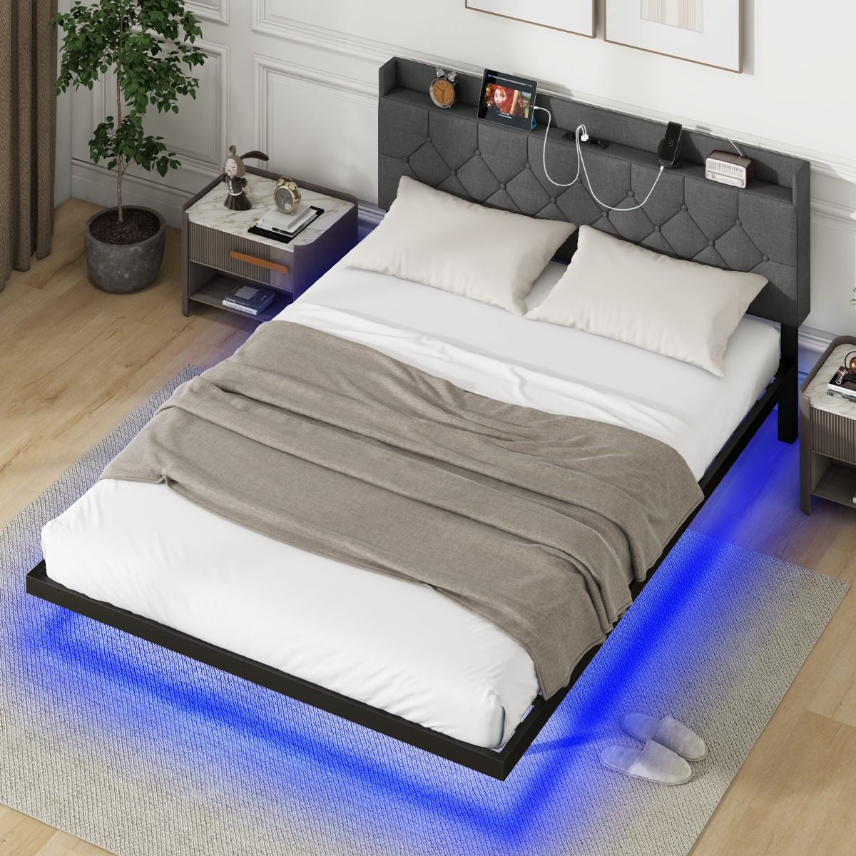 Floating Bed Frame 160x200 cm, LED, Adjustable Headboard