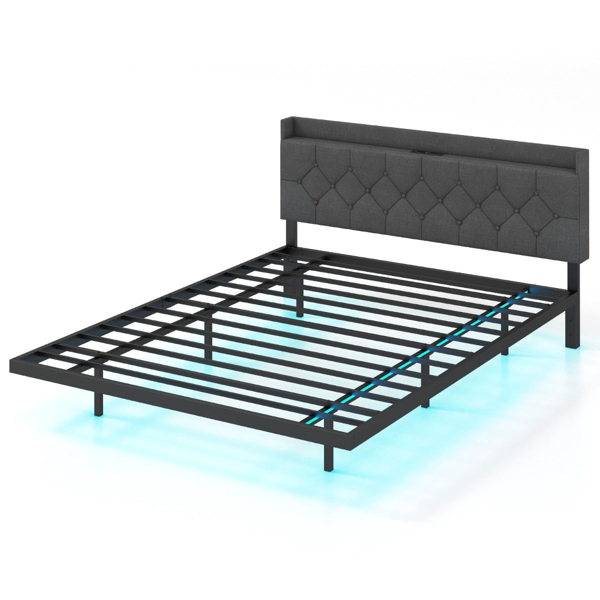 Floating Bed Frame 160x200 cm, LED, Adjustable Headboard