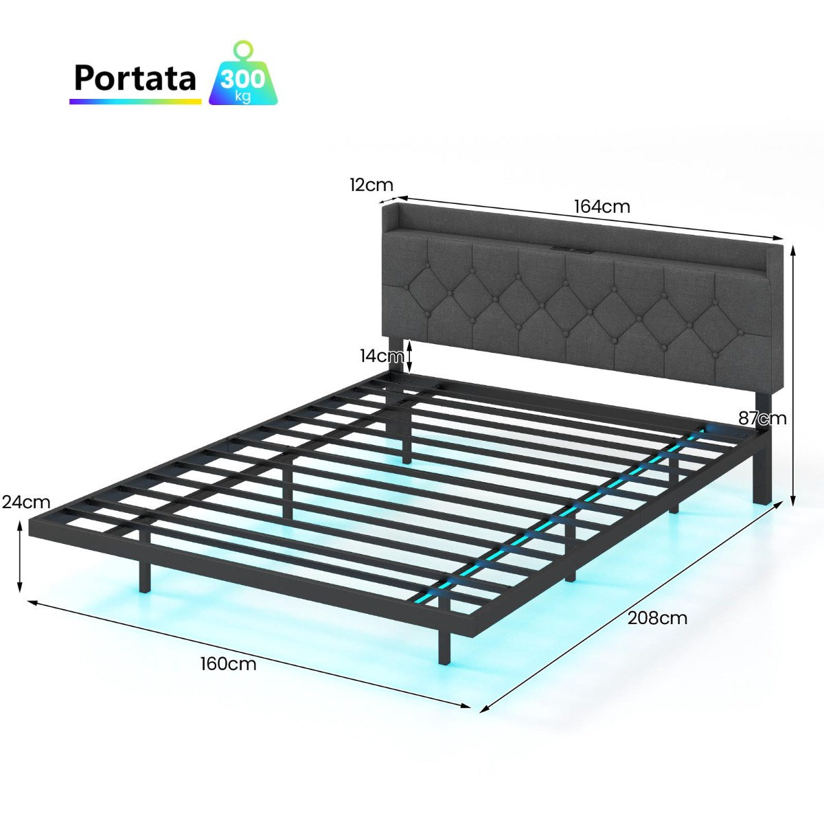 Floating Bed Frame 160x200 cm, LED, Adjustable Headboard