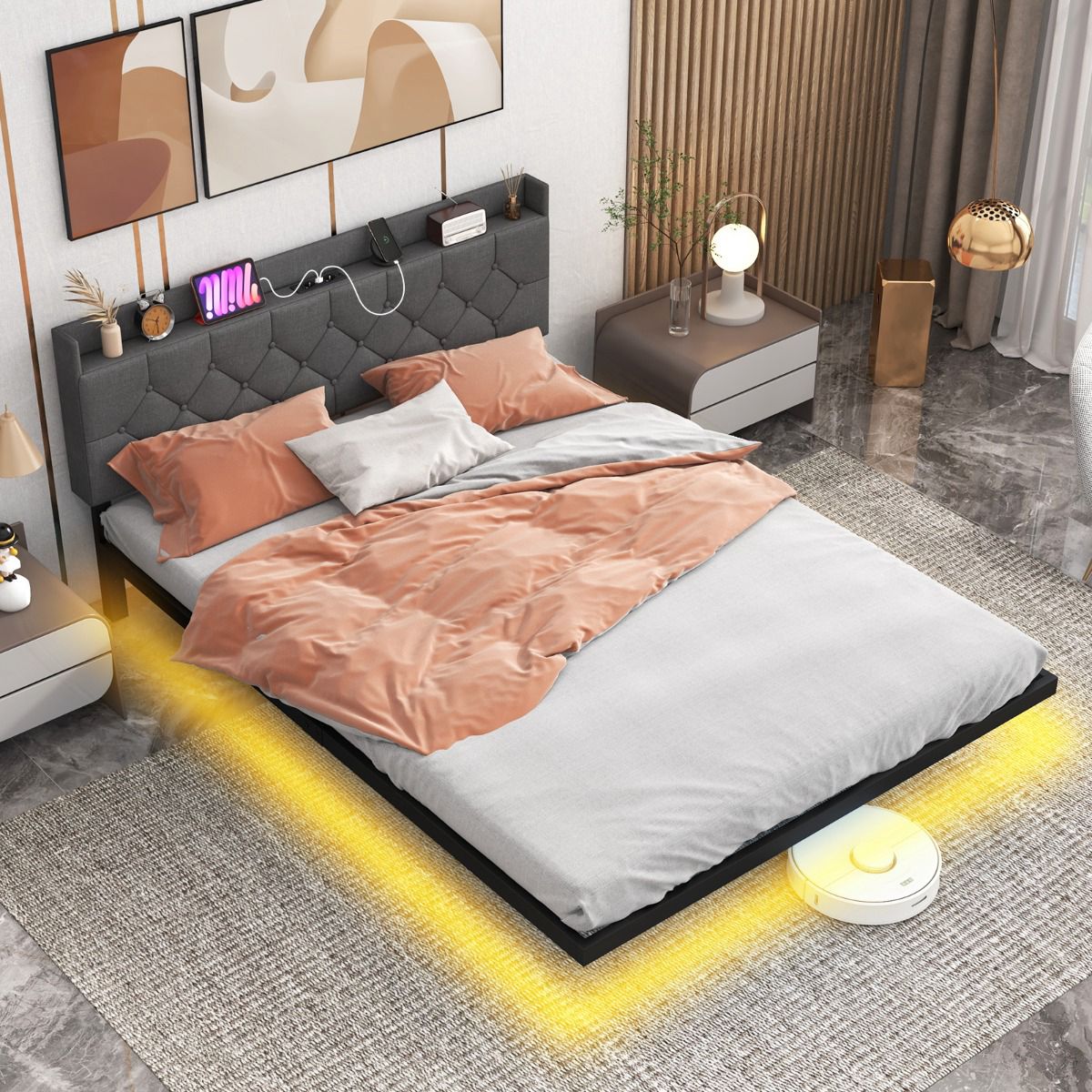 Floating Bed Frame 160x200 cm, LED, Adjustable Headboard