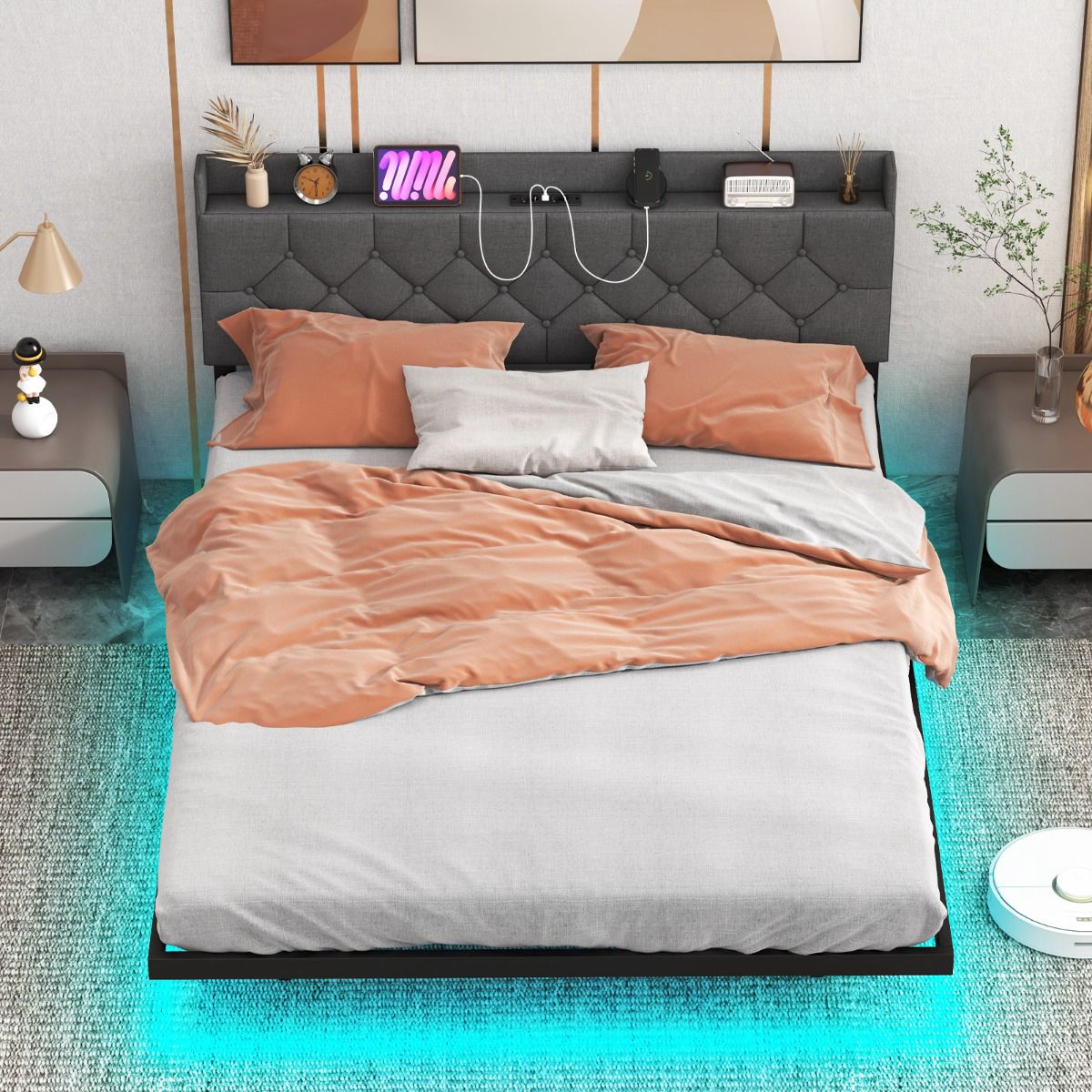 Floating Bed Frame 160x200 cm, LED, Adjustable Headboard