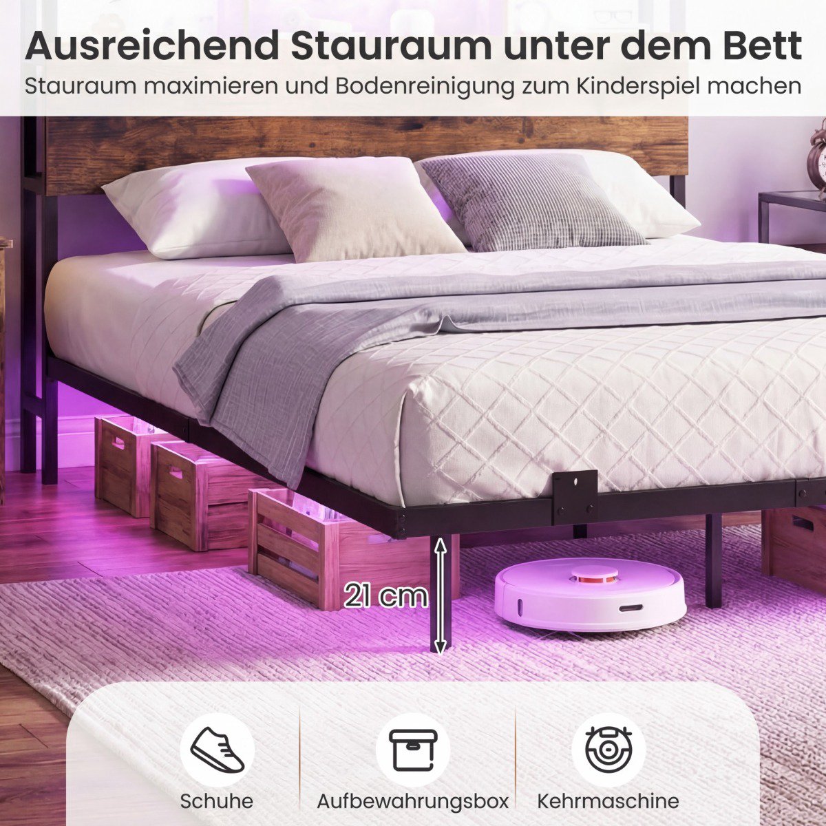 Floating Bed Frame with LED Lights, Storage Headboard, USB Ports