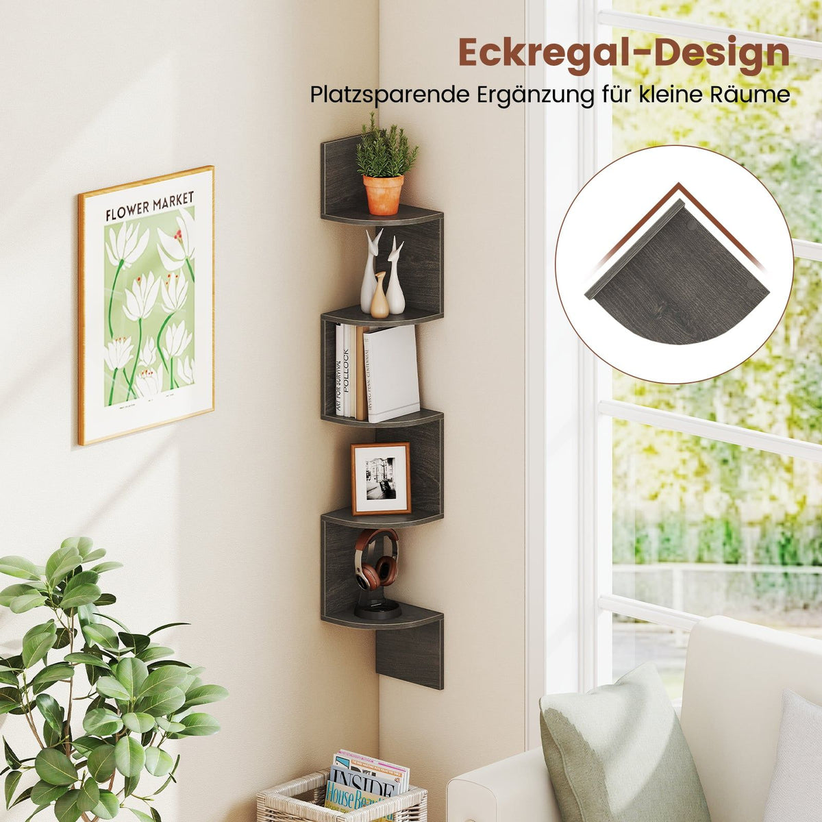 Floating Corner Shelf, 5-Tier Wall-Mounted Storage, Grey
