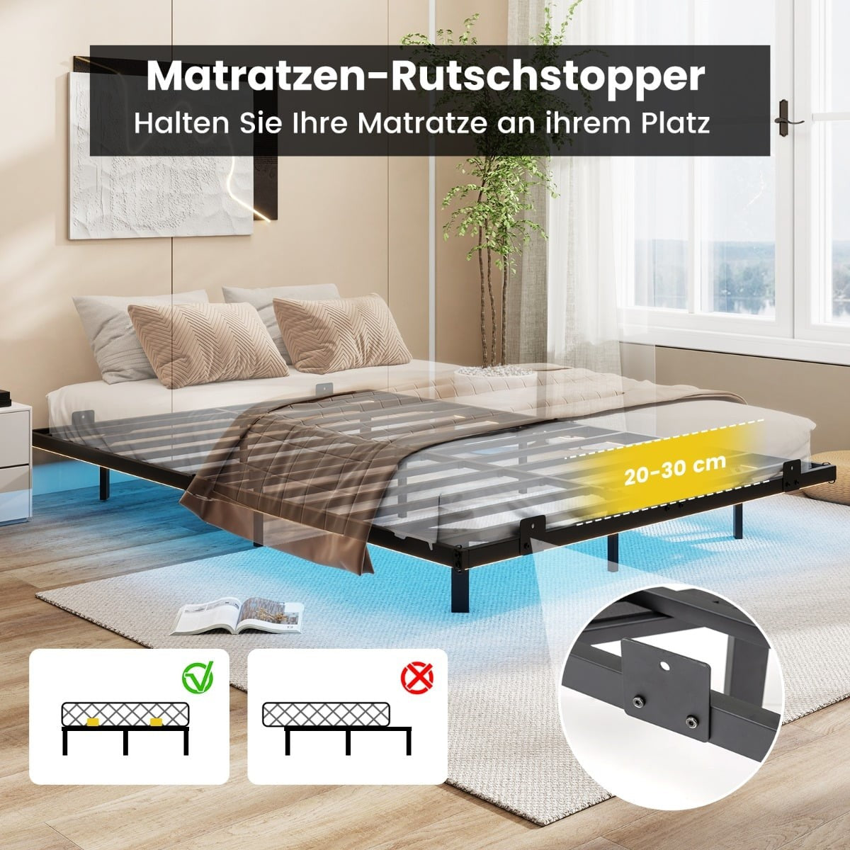 Floating Metal Bed Frame with LED Lights, Black, 140x200 cm