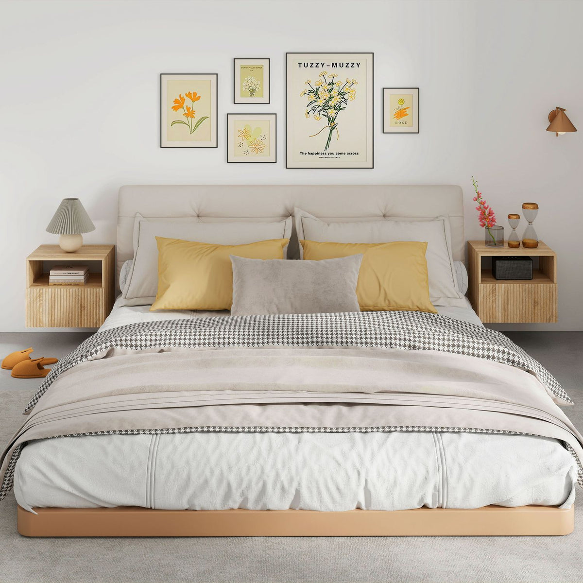 Floating Nightstand, Handleless, Open Shelf, Drawer, Light Brown