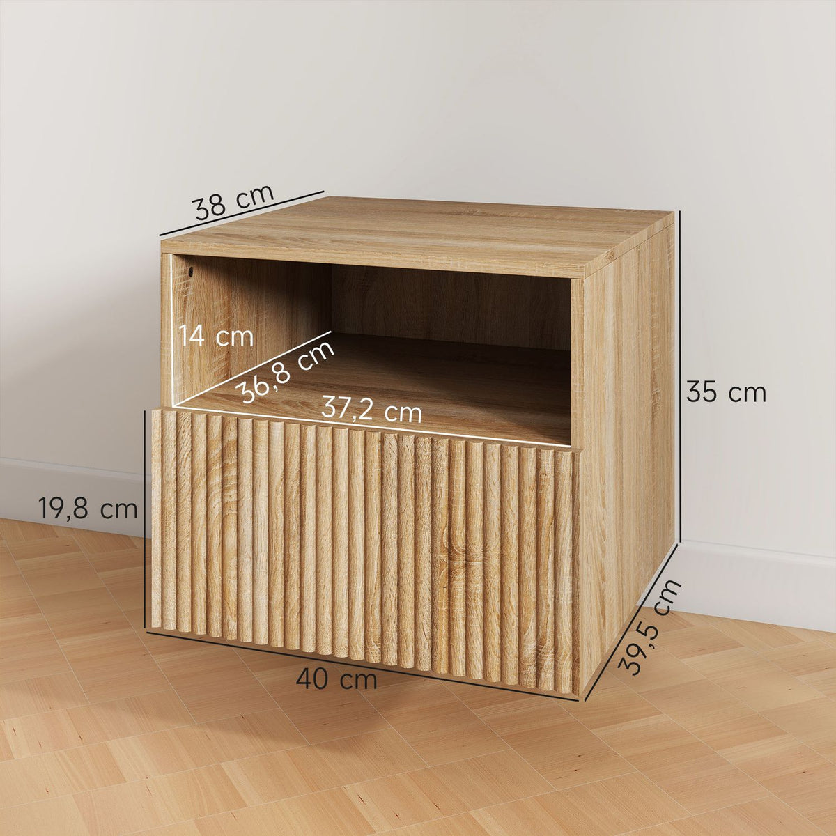 Floating Nightstand, Handleless, Open Shelf, Drawer, Light Brown
