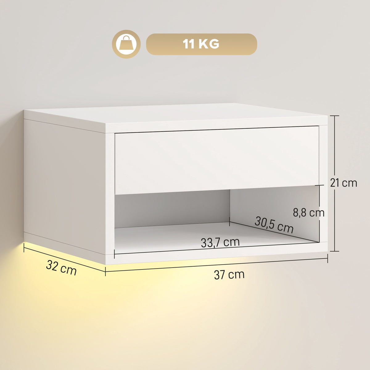 Floating Nightstand Set with RGB LED, Drawer, White