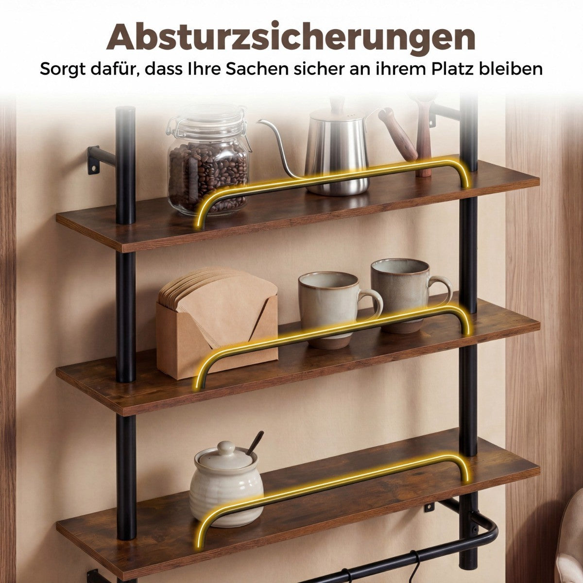 Floating Pipe Wall Shelf with 4 Hooks, 3-Tier, 80.5x24x97 cm