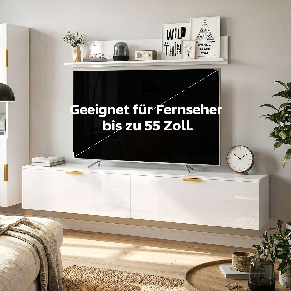Floating TV Stand with Flip Doors, 180 cm Gloss White