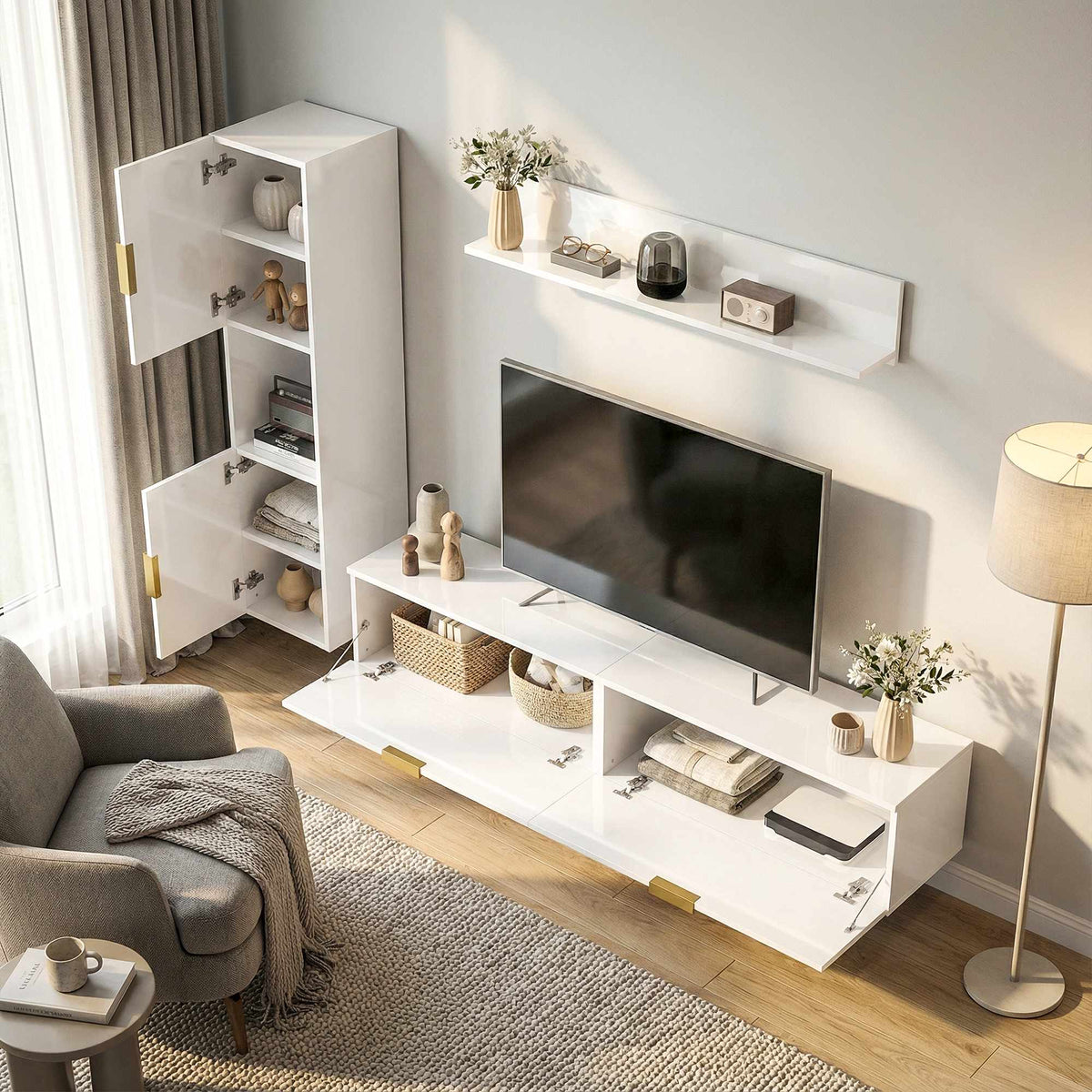 Floating TV Stand with Flip Doors, 180 cm Gloss White