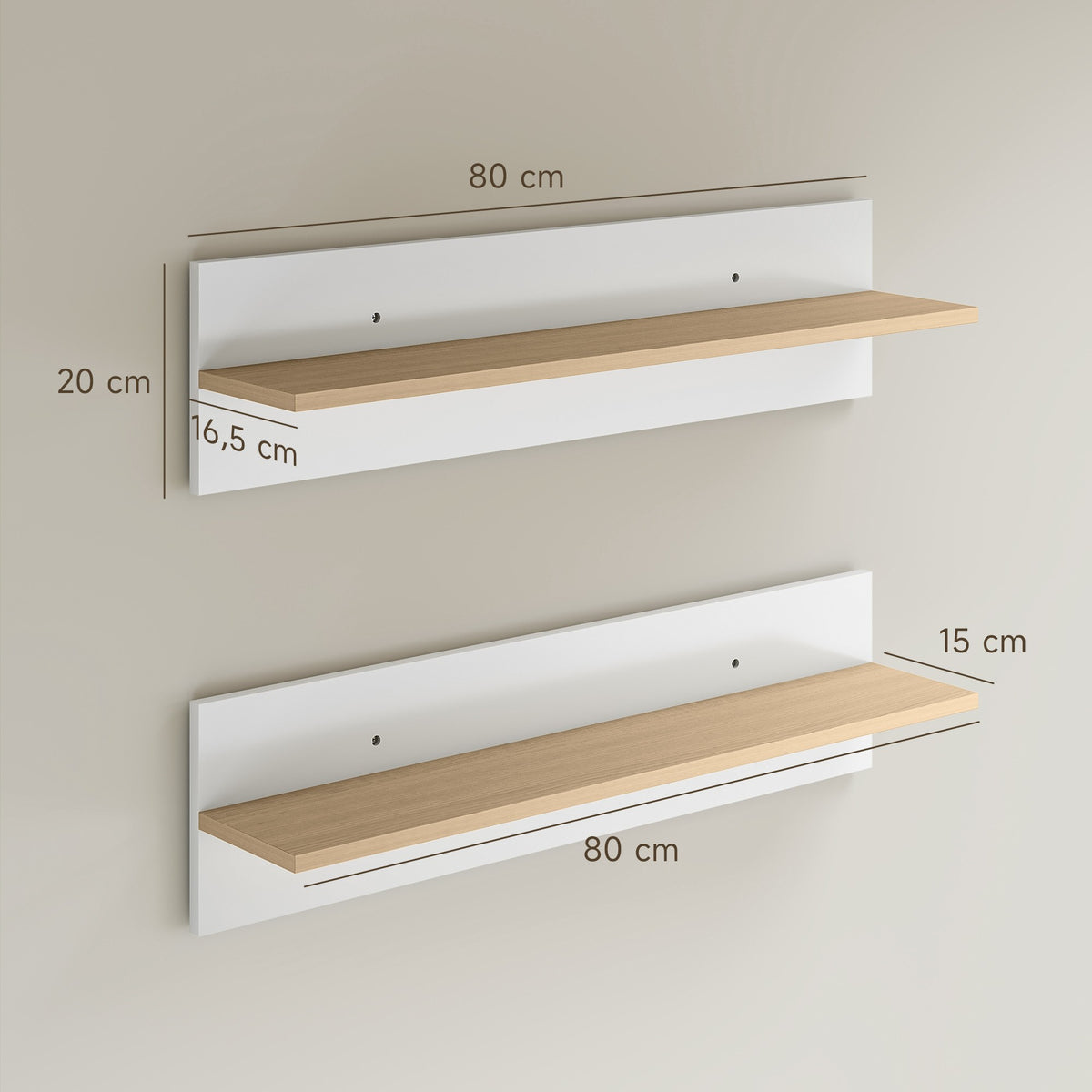 Floating Wall Shelf Set of 2, White & Natural Wood, 80x15 cm