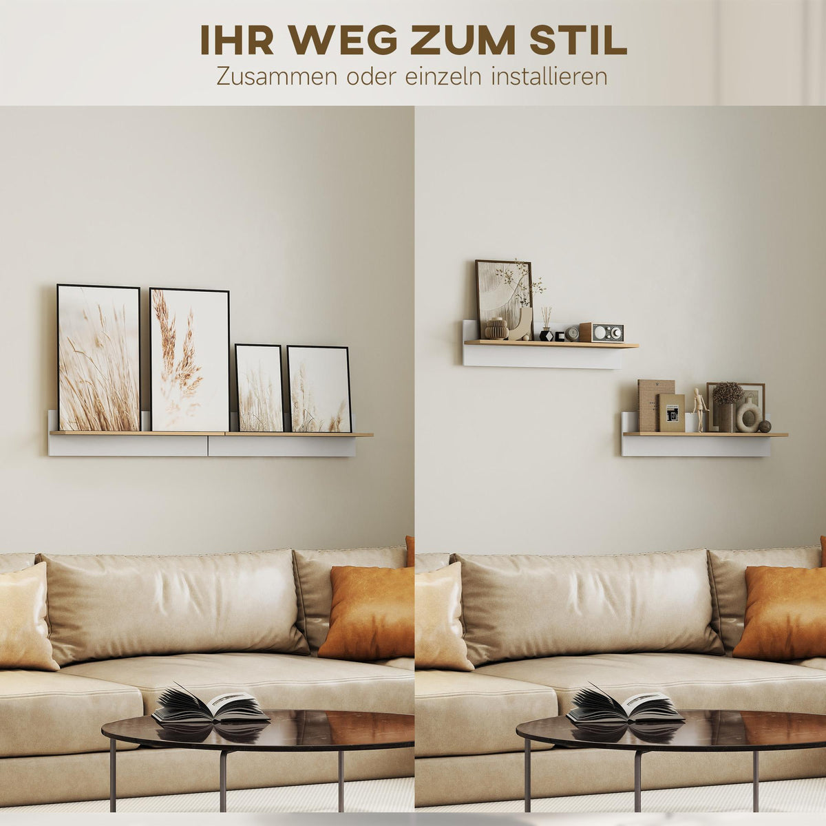 Floating Wall Shelf Set of 2, White & Natural Wood, 80x15 cm