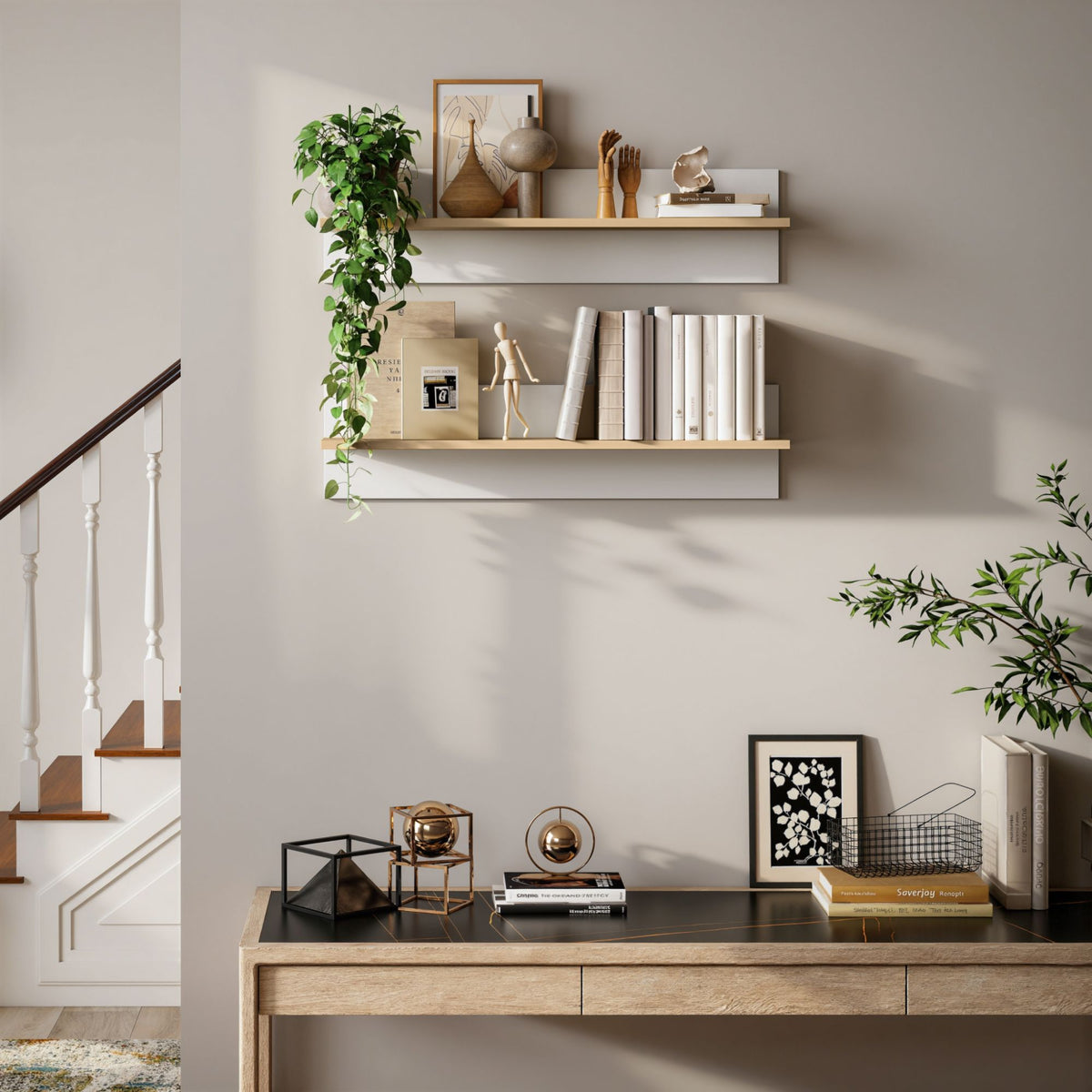 Floating Wall Shelf Set of 2, White & Natural Wood, 80x15 cm