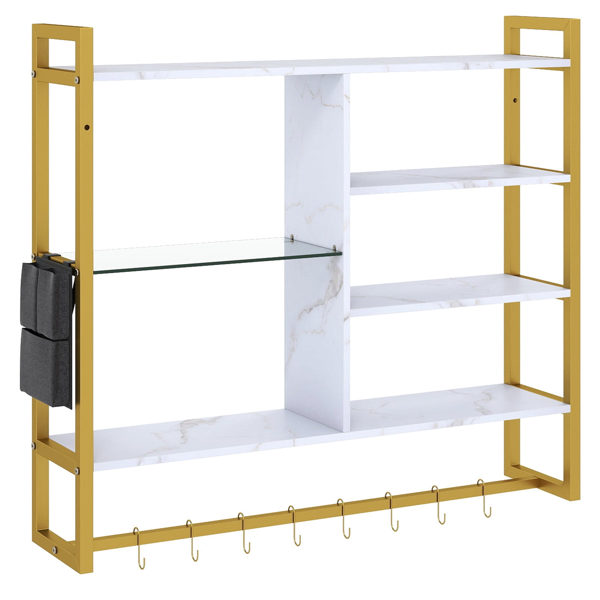 Floating Wall Shelf with 6 Tiers, 8 S-Hooks, Side Pocket