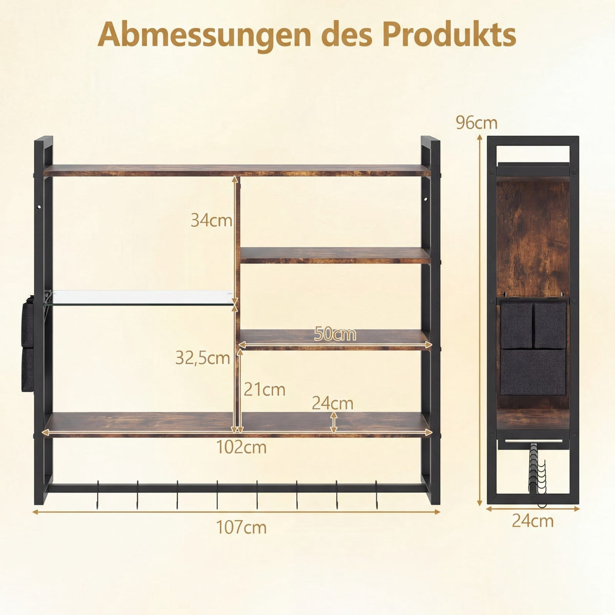 Floating Wall Shelf with 8 S-Hooks & Side Pocket, 6-Tier