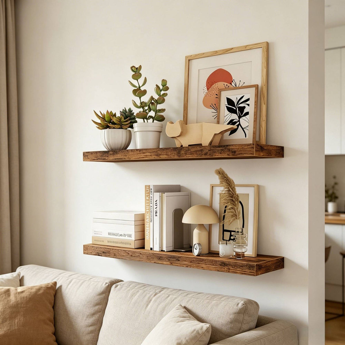 Floating Wall Shelves Set of 2, Wood-Effect Finish