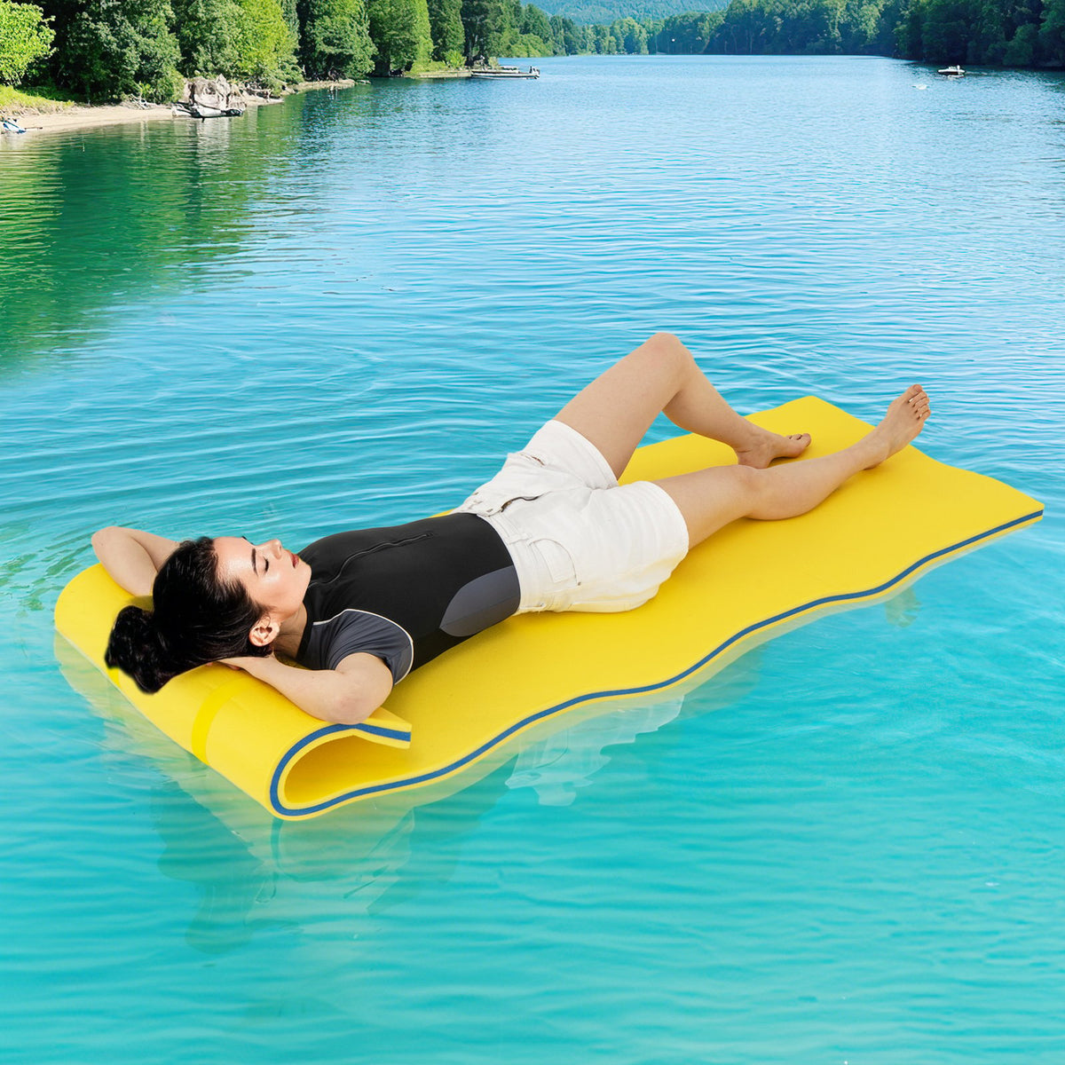 Floating Water Pad, 83 x 26 in 3-Layer XPE Foam, Bungee Tether