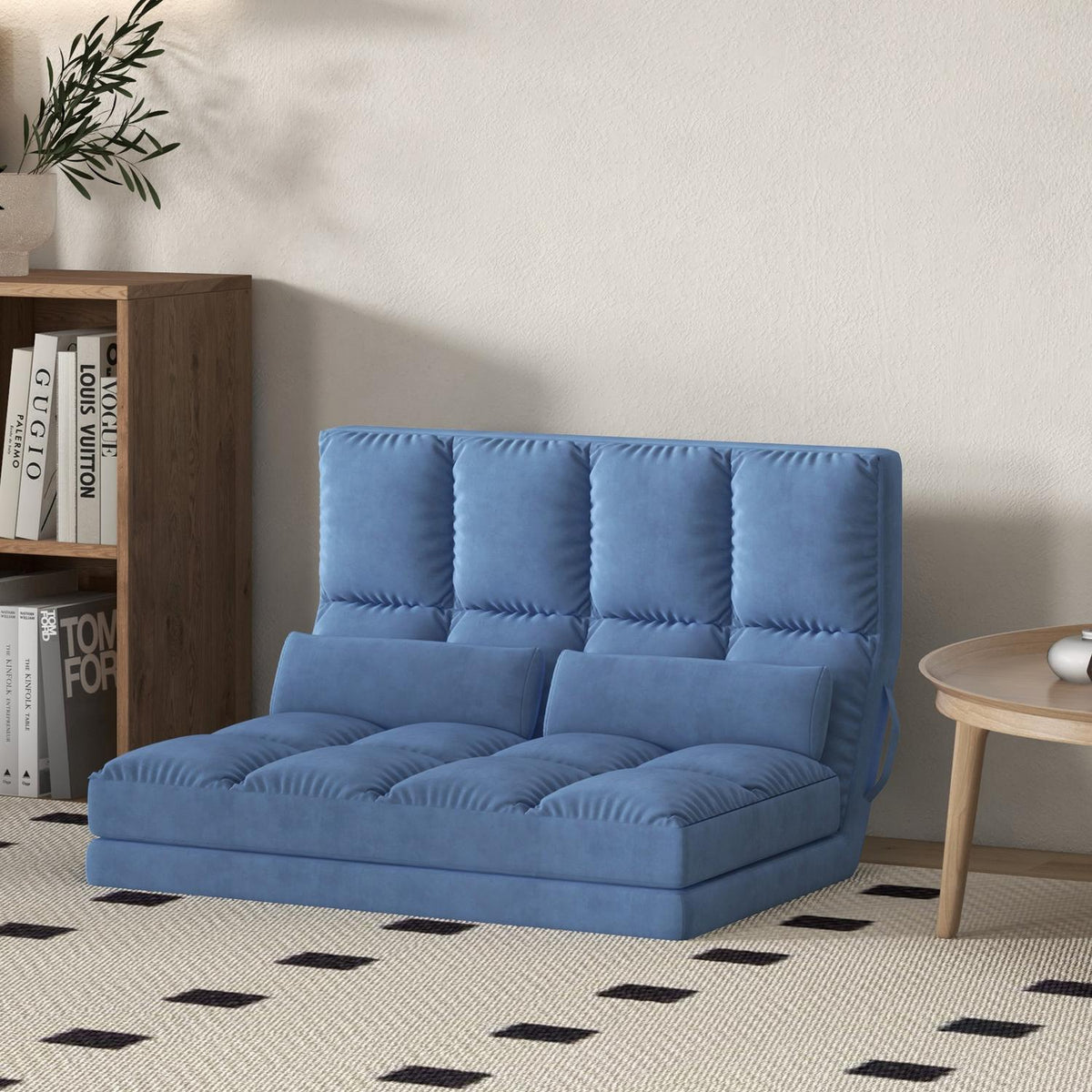 Floor Chair 2-In-1 Floor Chair Folding Bed Backrest 3 Positions Adjustable Seat Cushion Velvet Steel Blue 102X73X60Cm
