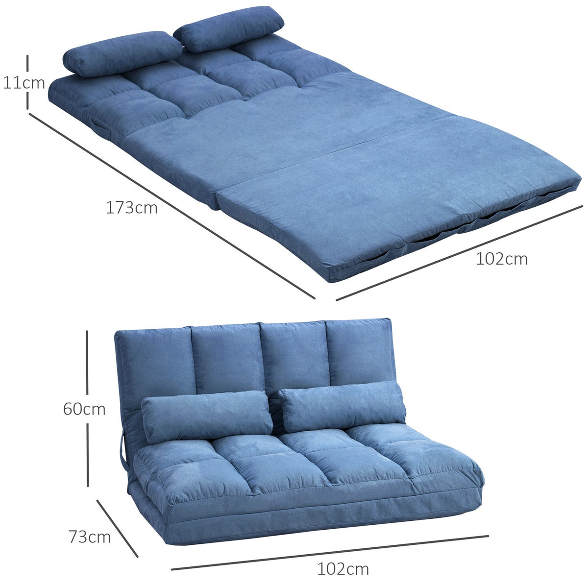 Floor Chair 2-In-1 Floor Chair Folding Bed Backrest 3 Positions Adjustable Seat Cushion Velvet Steel Blue 102X73X60Cm