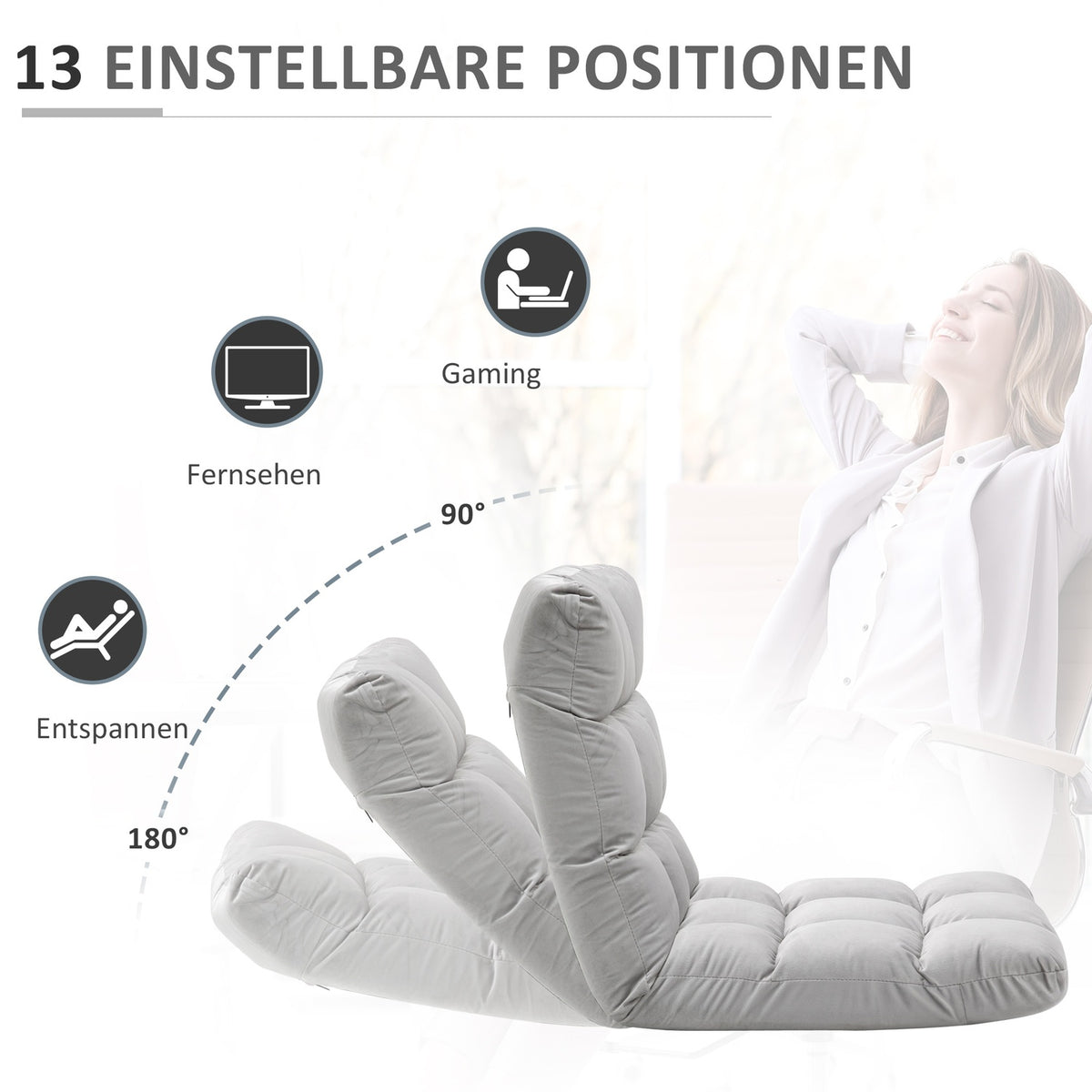 Floor Chair 3-In-1 Folding Adjustable Backrest 13 Positions Folding Lounger Gray Metal Foam 55X71X53.5Cm