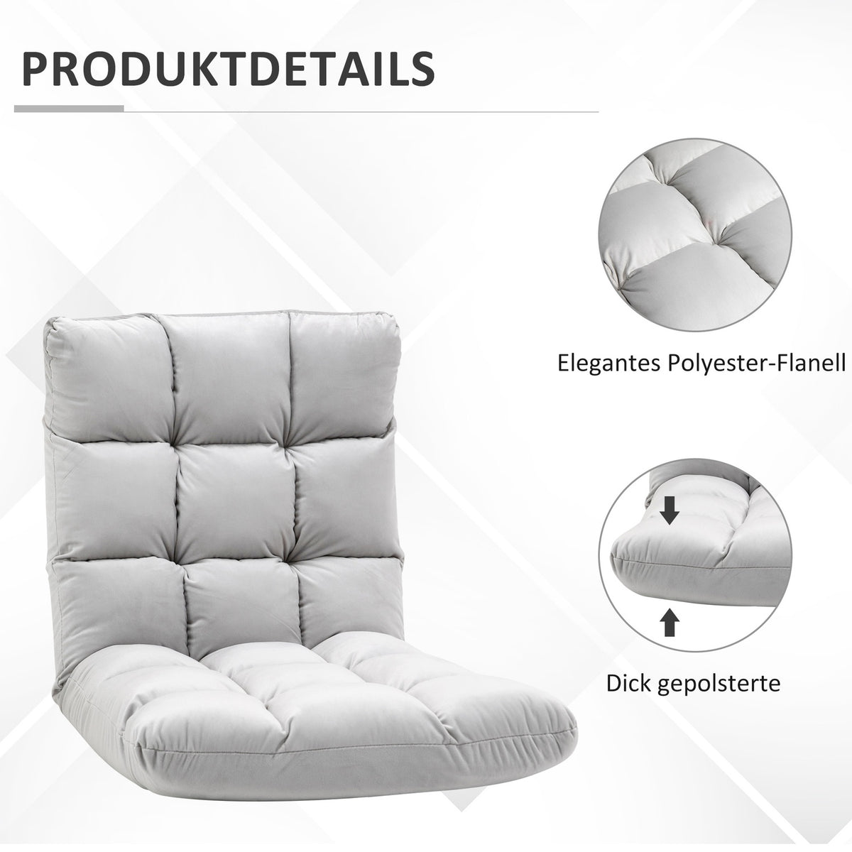Floor Chair 3-In-1 Folding Adjustable Backrest 13 Positions Folding Lounger Gray Metal Foam 55X71X53.5Cm