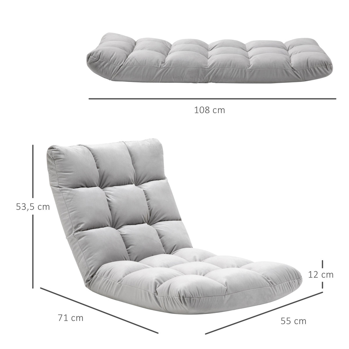 Floor Chair 3-In-1 Folding Adjustable Backrest 13 Positions Folding Lounger Gray Metal Foam 55X71X53.5Cm