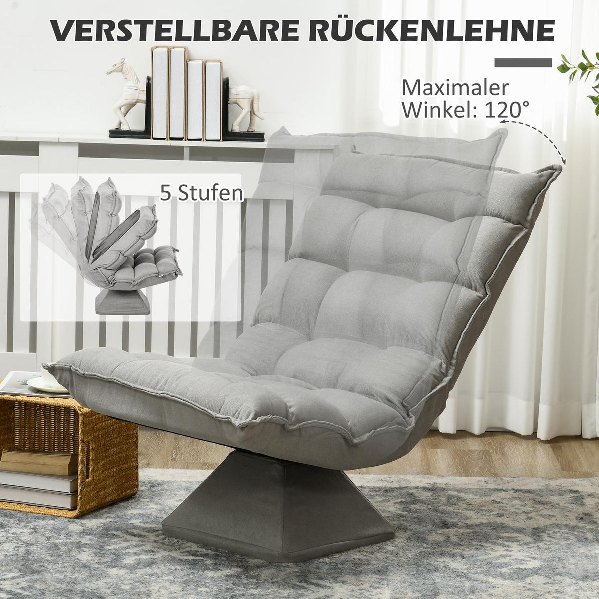 Floor Chair Adjustable Floor Sofa Swivel Meditation Chair Relax Chair Lazy Sofa for Living Room Office Light Gray