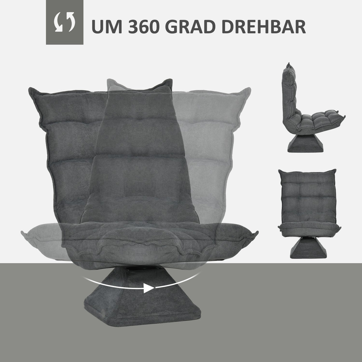 Floor Chair Floor Sofa With Adjustable Backrest, Swivel Relaxation Chair, Floor Seat Cushion For Living Room, Office, Microfiber Cloth, Gray