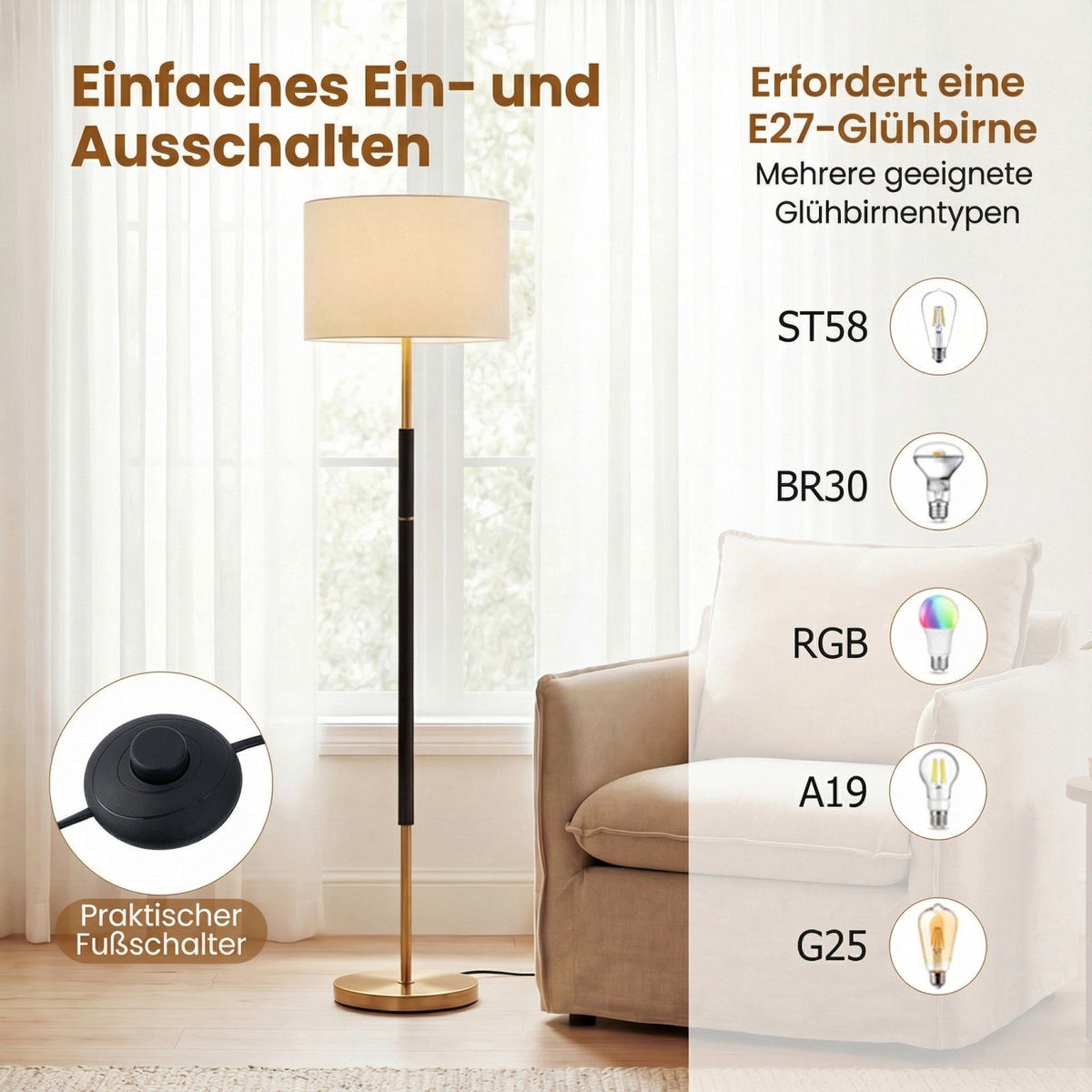 Floor Lamp 165 cm, Linen Shade, E27, Foot Switch