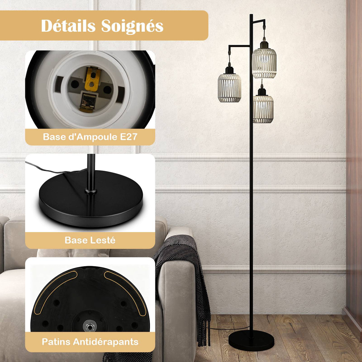 Floor Lamp 173cm, 3 Woven Paper Shades, Foot Switch