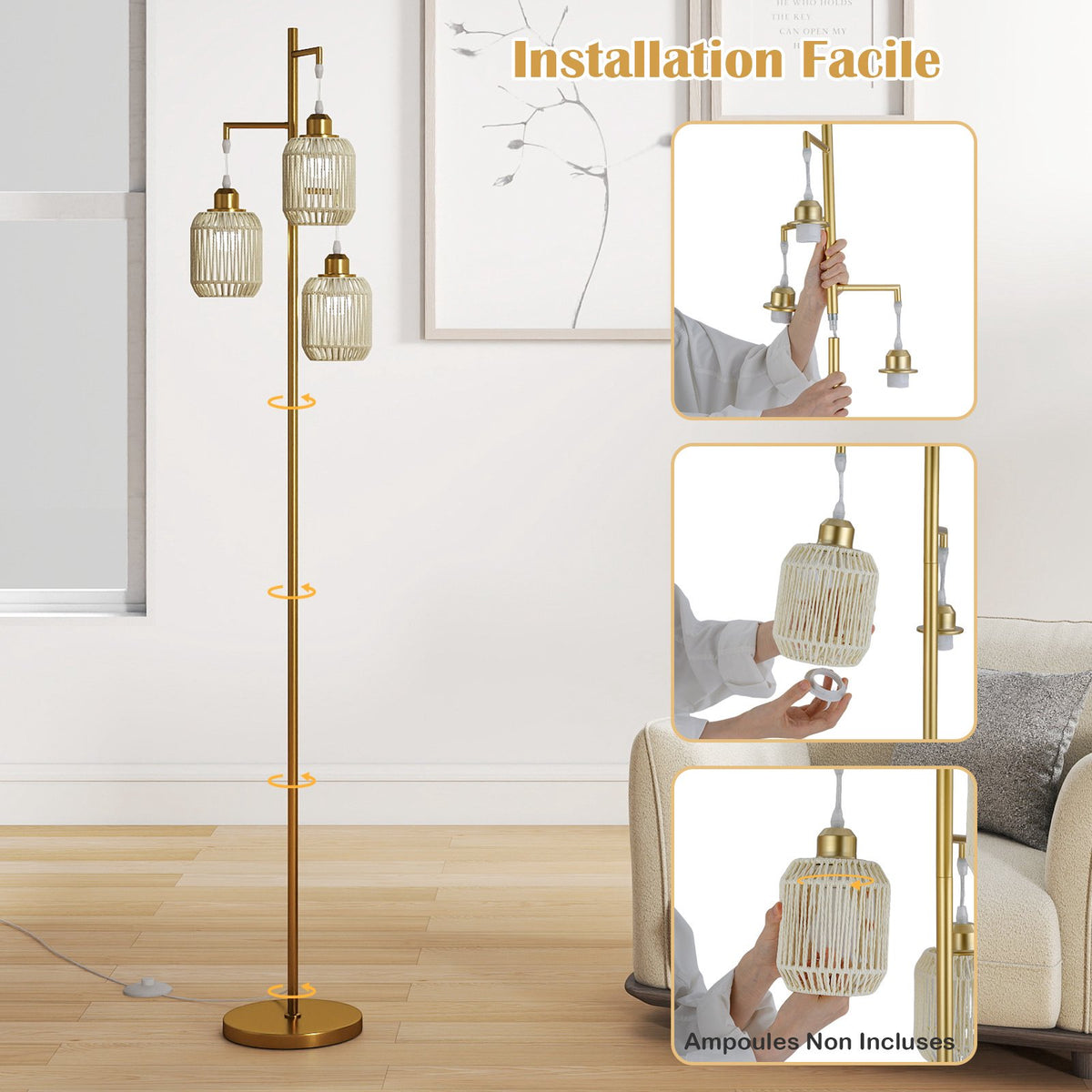 Floor Lamp 173cm, 3 Woven Paper Shades, Foot Switch, Gold