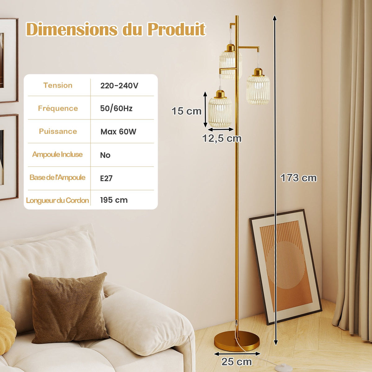 Floor Lamp 173cm, 3 Woven Paper Shades, Foot Switch, Gold