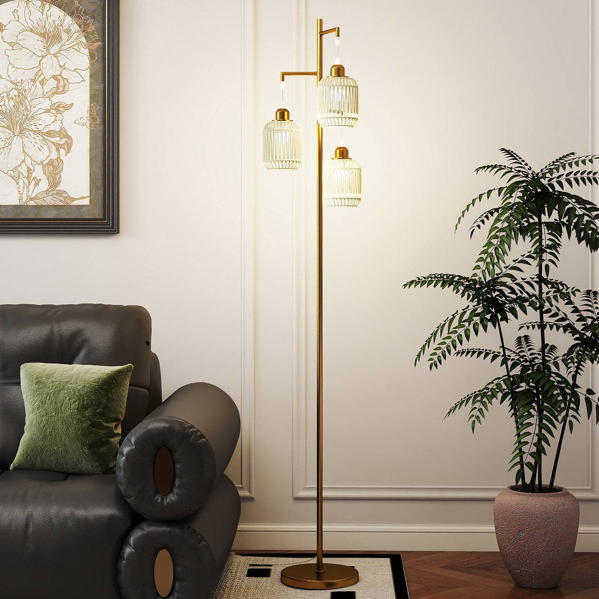 Floor Lamp 173cm, 3 Woven Paper Shades, Foot Switch, Gold
