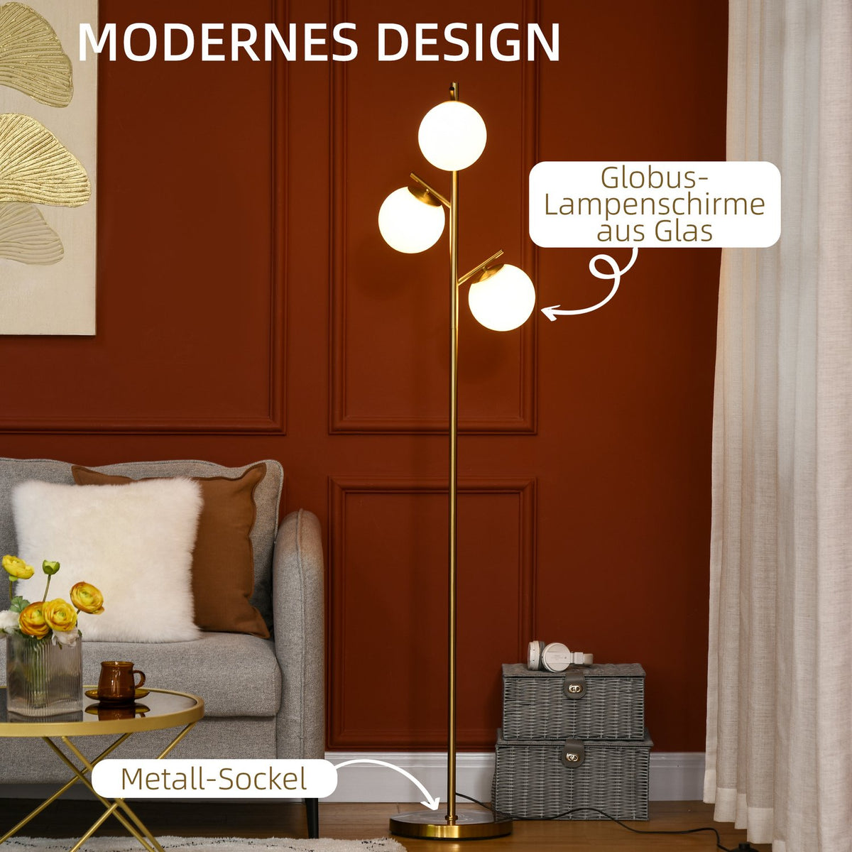 Floor Lamp 40W Floor Lamp With E27 Socket & 3 Glass Lampshades, For Living Room, 169 Cm Height