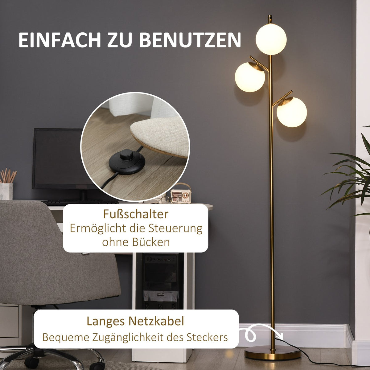 Floor Lamp 40W Floor Lamp With E27 Socket & 3 Glass Lampshades, For Living Room, 169 Cm Height