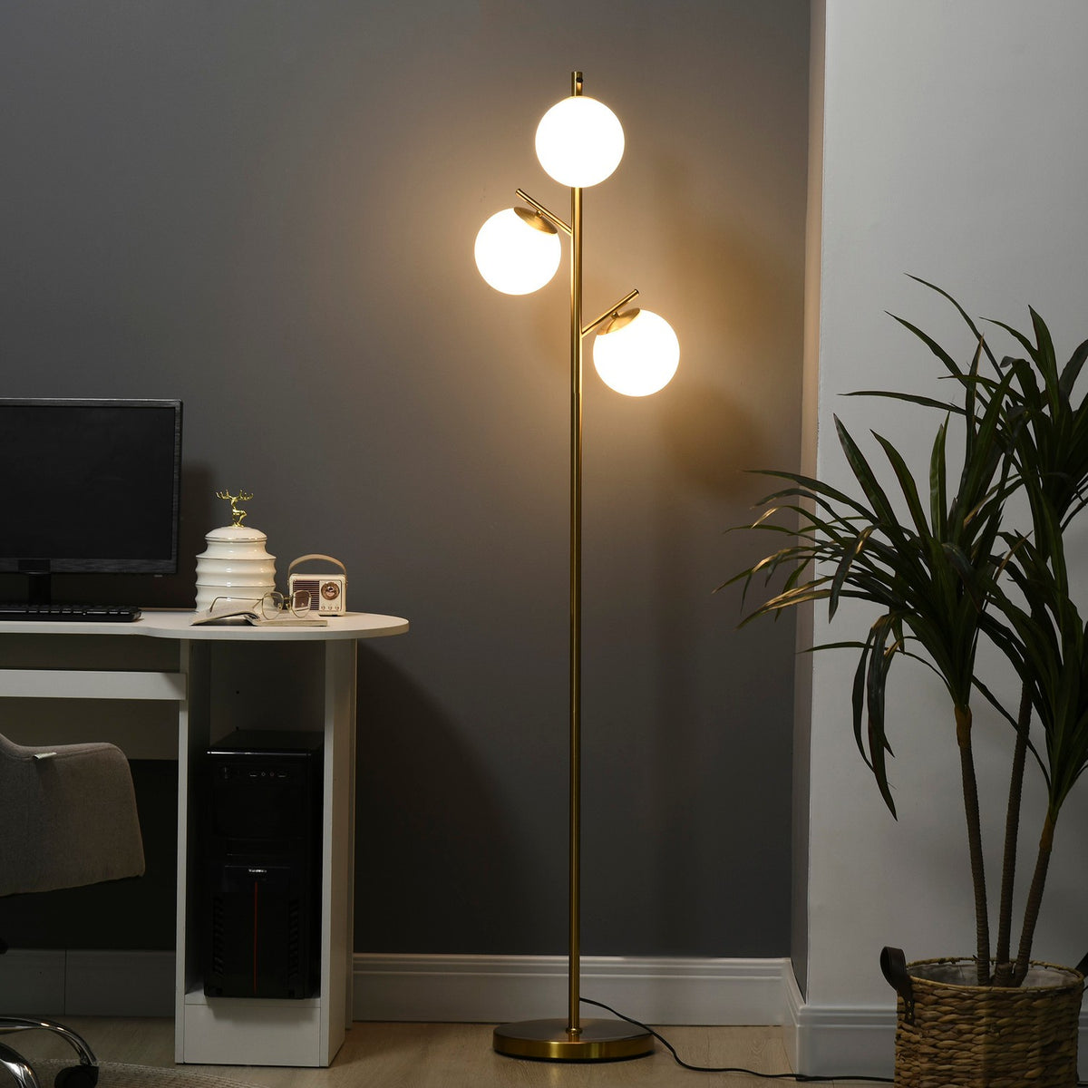 Floor Lamp 40W Floor Lamp With E27 Socket & 3 Glass Lampshades, For Living Room, 169 Cm Height