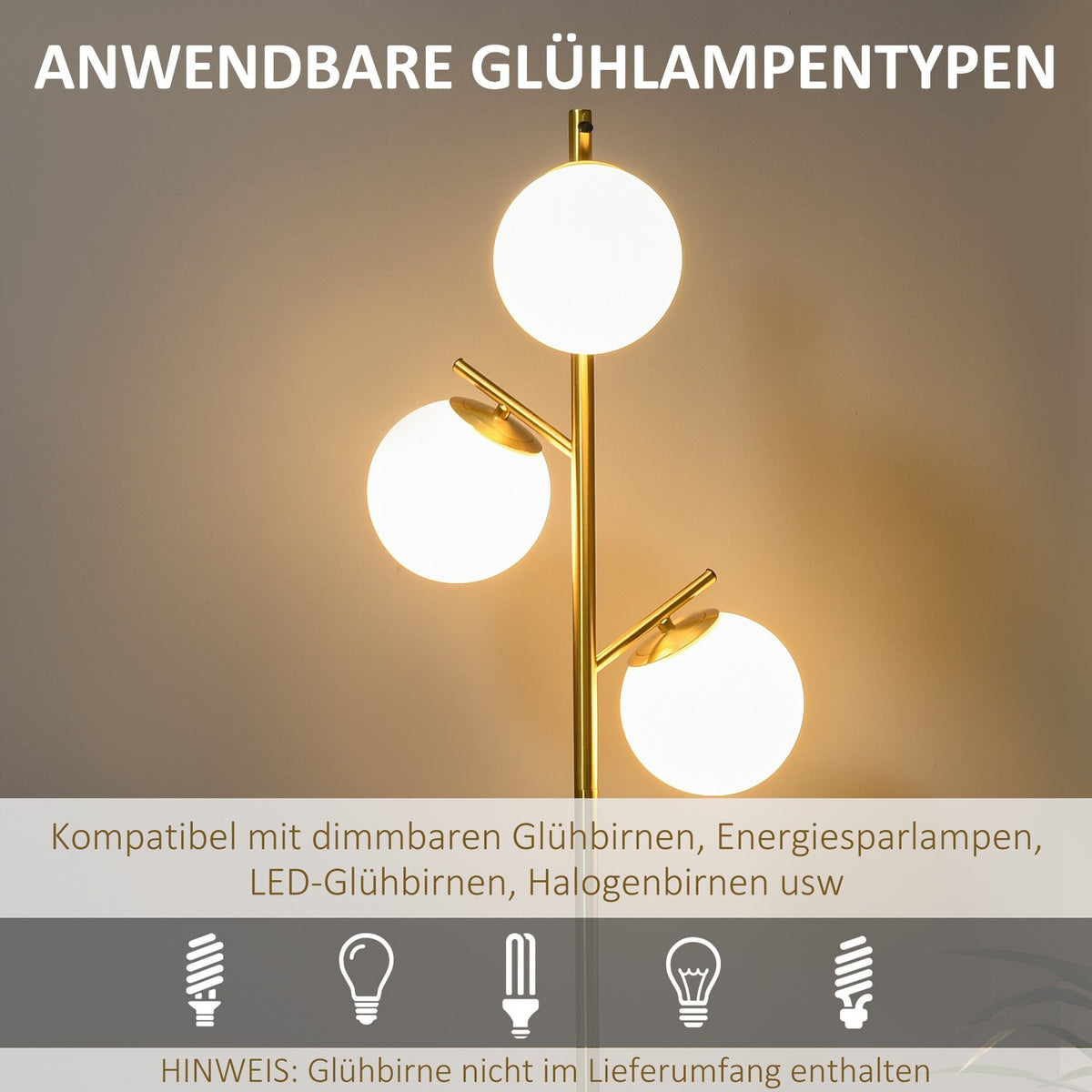 Floor Lamp 40W Floor Lamp With E27 Socket & 3 Glass Lampshades, For Living Room, 169 Cm Height