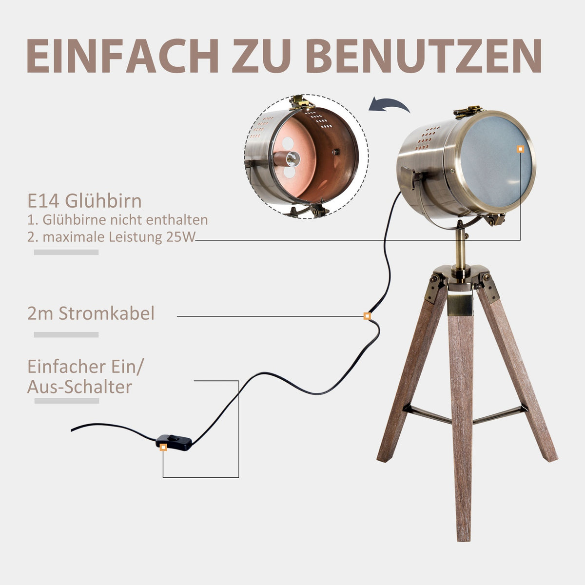 Floor Lamp Design Table Lamp Headlight E14, Tripod Stainless Steel, 33X33X65Cm