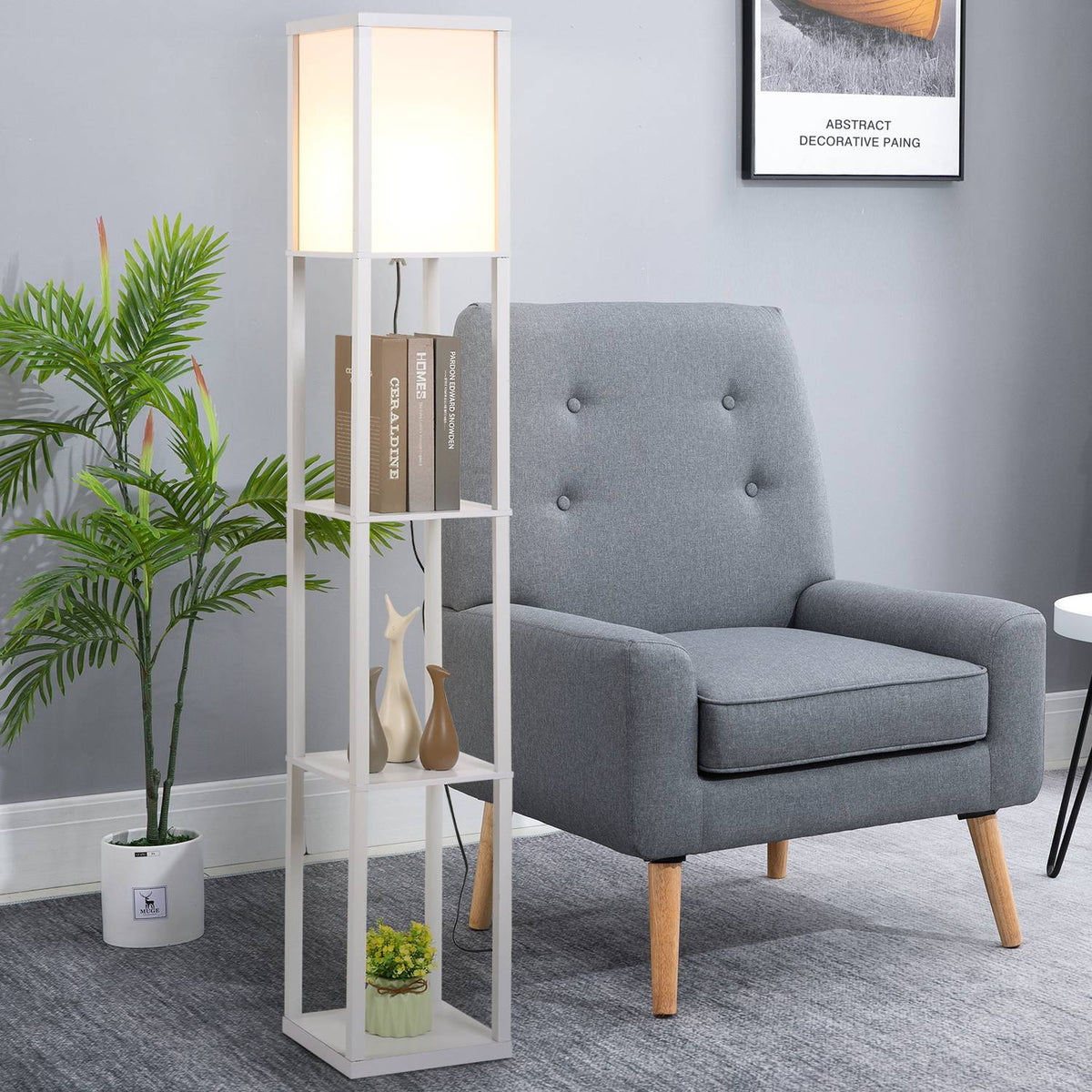 Floor Lamp Elegant Floor Lamp With 3 Shelves, E27 Up To 40W, For Living Room/Bedroom, E1-Mdf & Acrylic, White, 26X26X160Cm