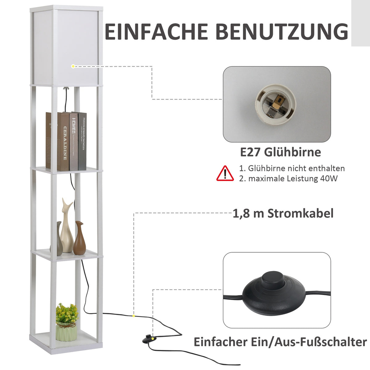 Floor Lamp Elegant Floor Lamp With 3 Shelves, E27 Up To 40W, For Living Room/Bedroom, E1-Mdf & Acrylic, White, 26X26X160Cm