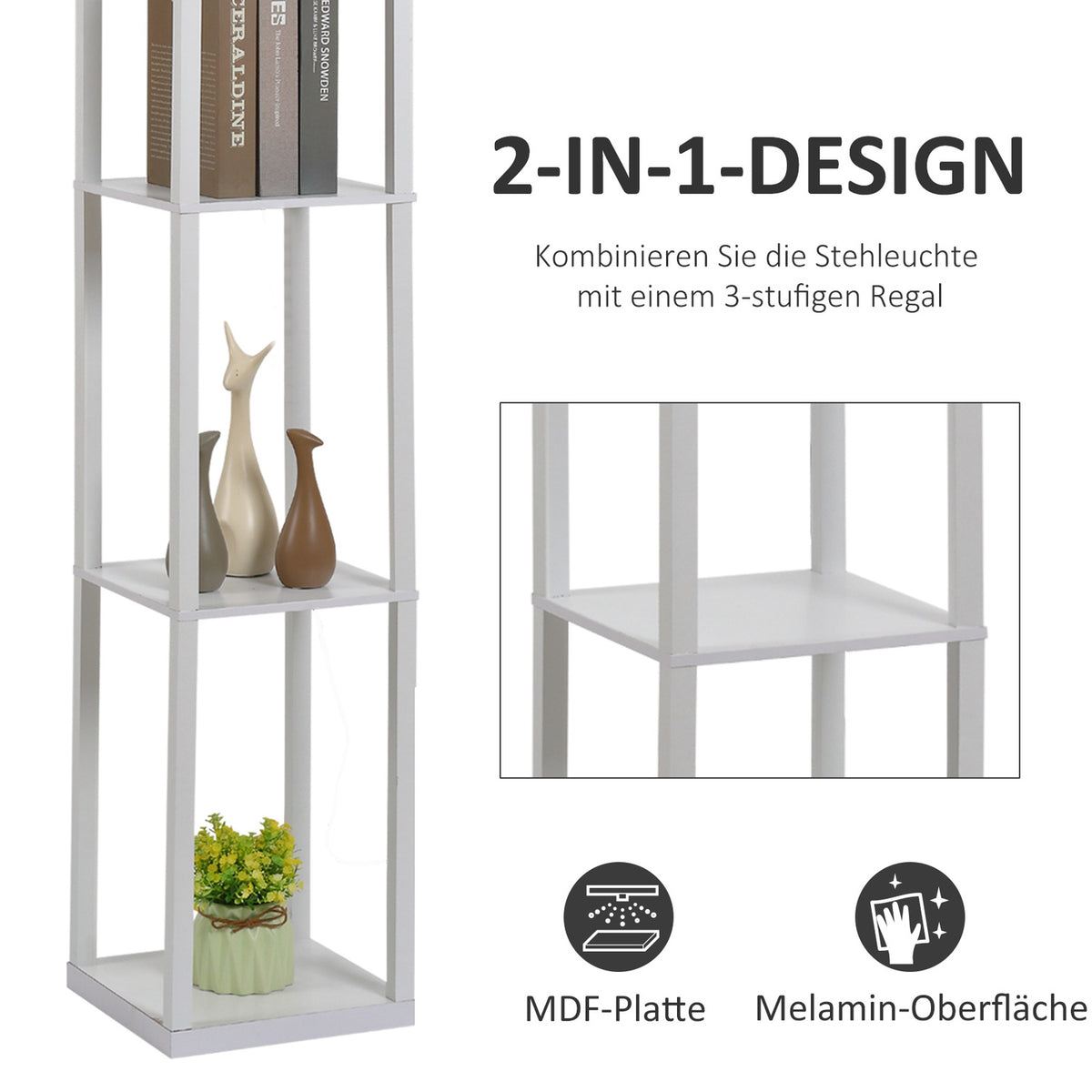 Floor Lamp Elegant Floor Lamp With 3 Shelves, E27 Up To 40W, For Living Room/Bedroom, E1-Mdf & Acrylic, White, 26X26X160Cm