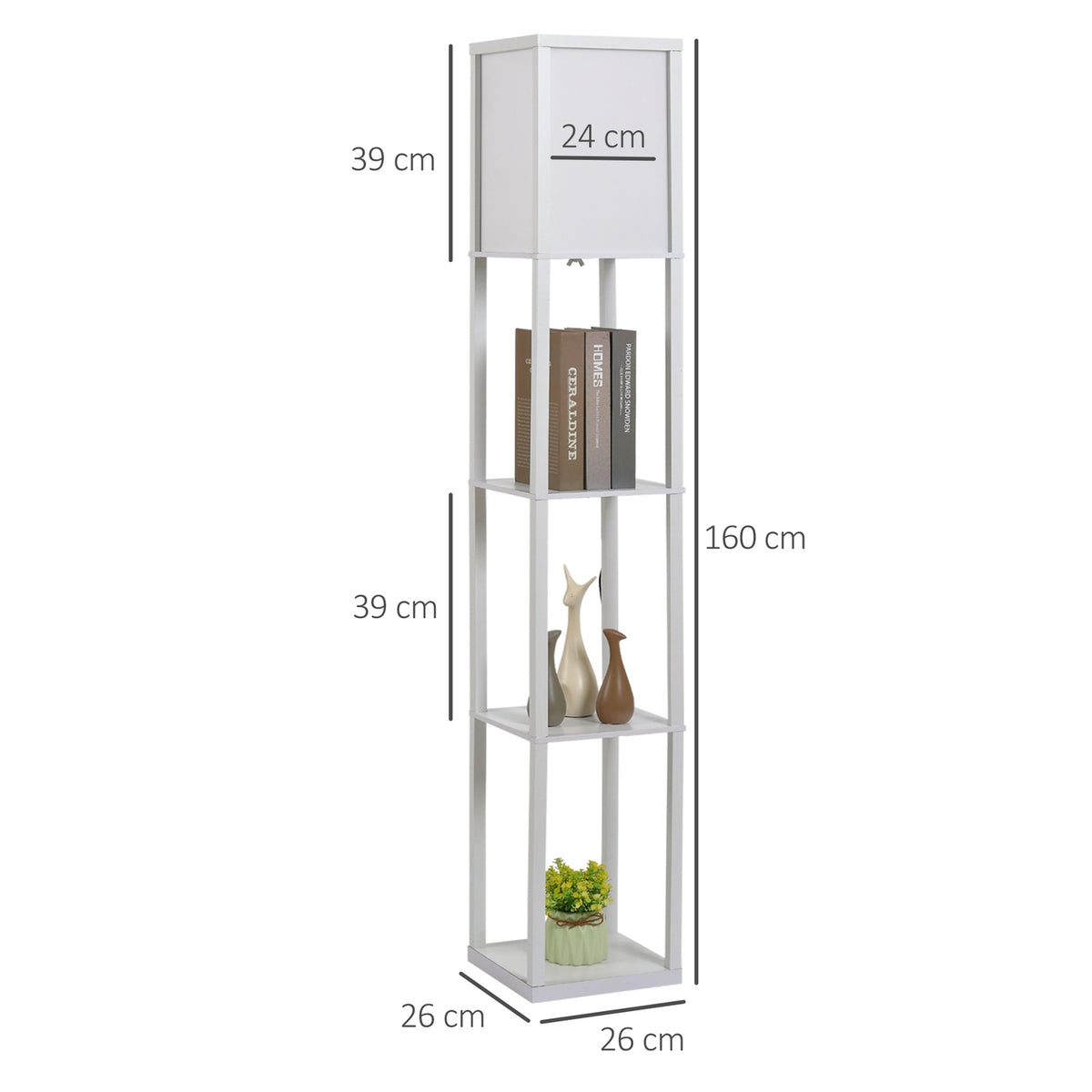 Floor Lamp Elegant Floor Lamp With 3 Shelves, E27 Up To 40W, For Living Room/Bedroom, E1-Mdf & Acrylic, White, 26X26X160Cm