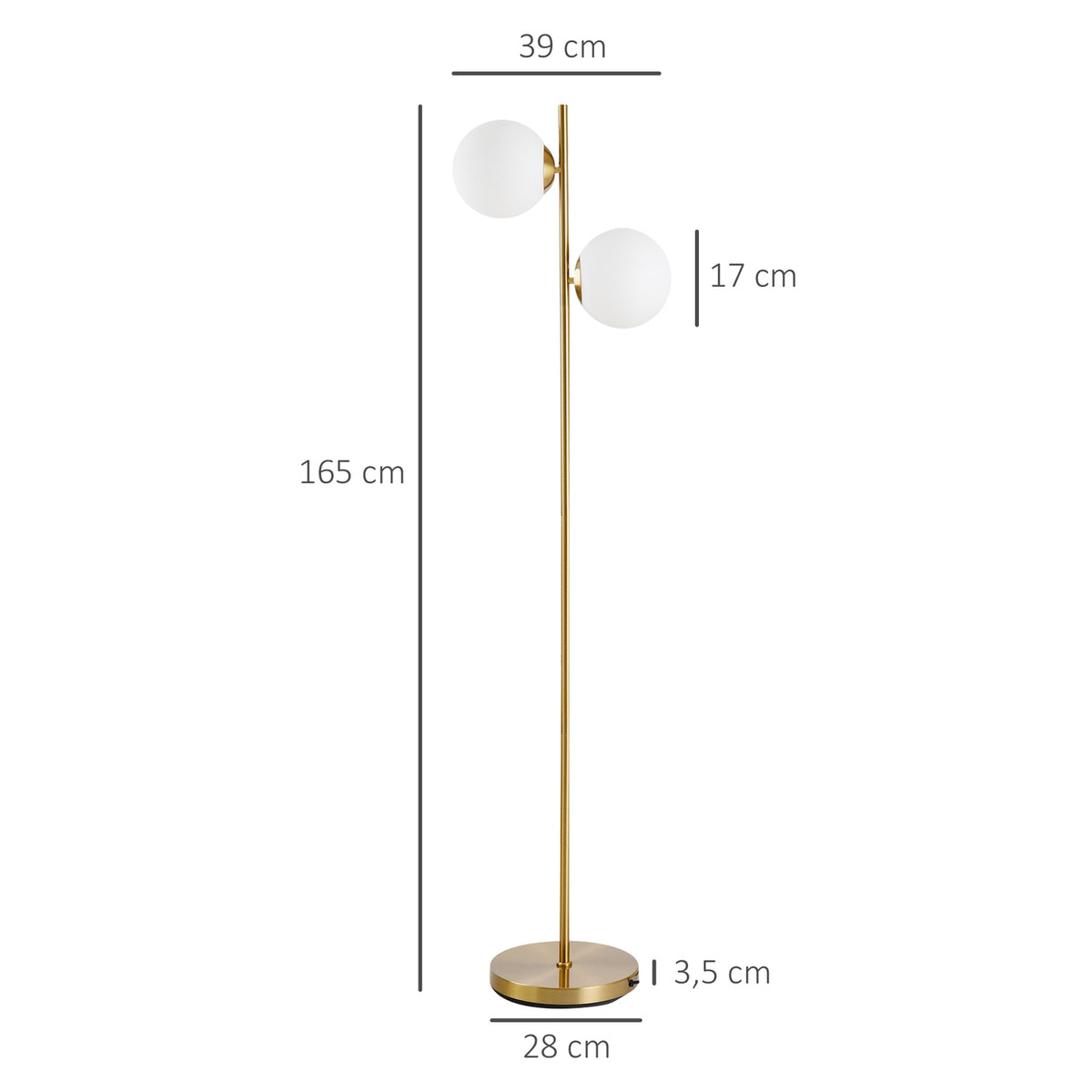 Floor Lamp Floor Lamp 2-Part Glass Lampshade, Steel + Glass, 39 X 28 X 165Cm (Golden + White)