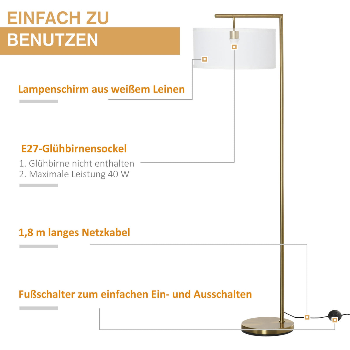 Floor Lamp Floor Lamp E27 Base For Living Room Bedroom Office Metal Steel Linen Gold + White 47 X 37 X 153 Cm