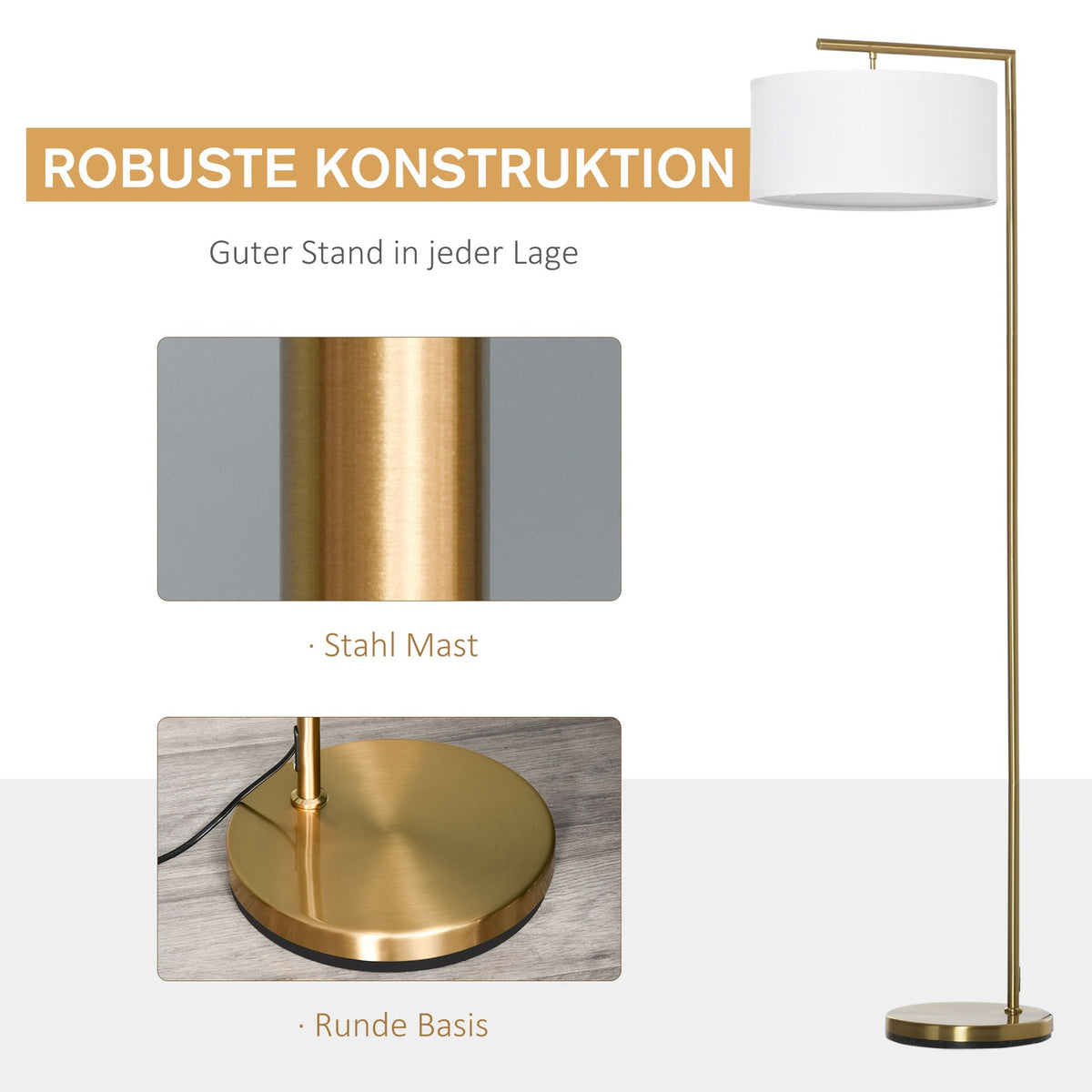 Floor Lamp Floor Lamp E27 Base For Living Room Bedroom Office Metal Steel Linen Gold + White 47 X 37 X 153 Cm